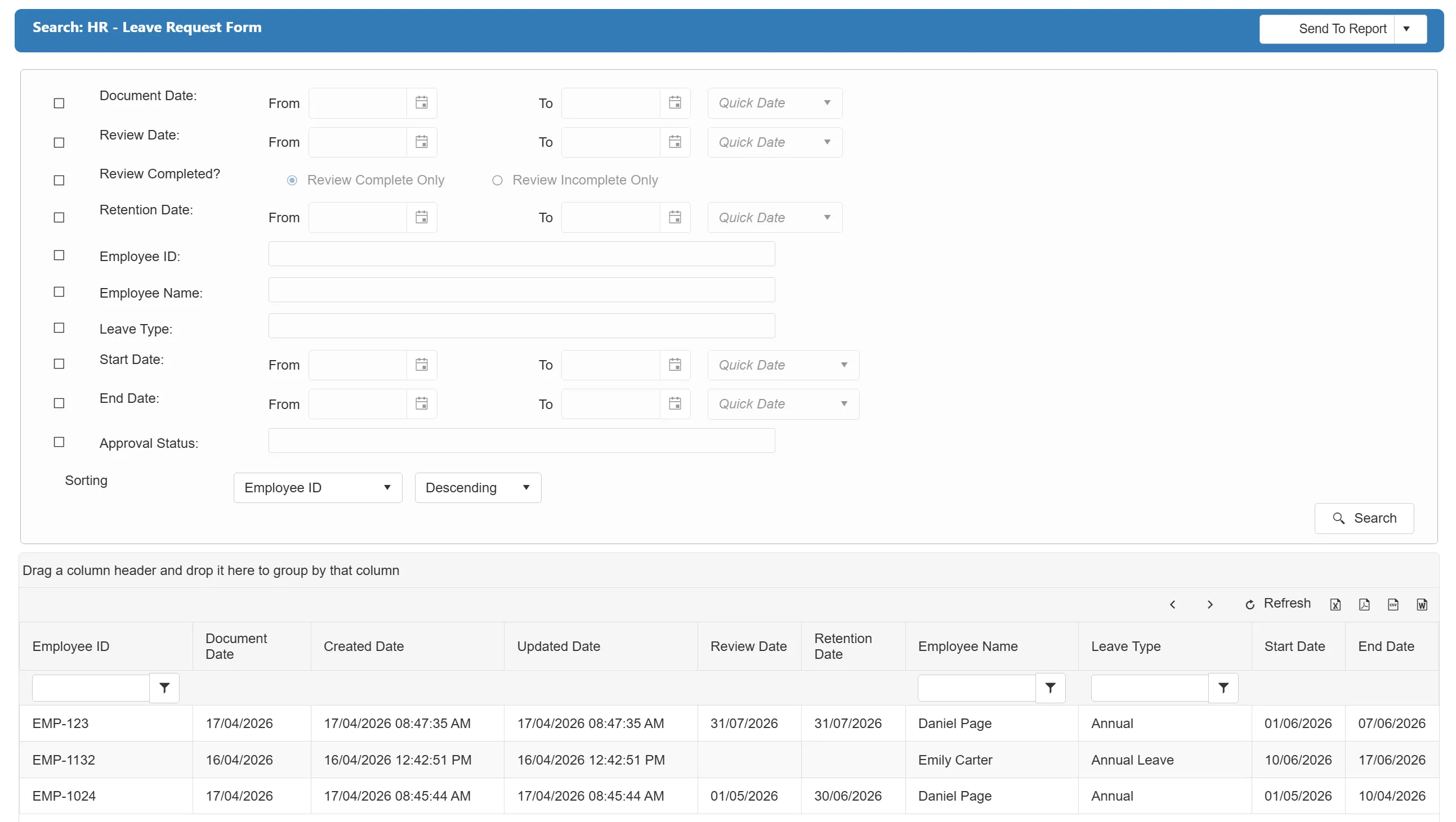 Advanced Search & Document Retrieval Document Management System screenshot of advanced search
