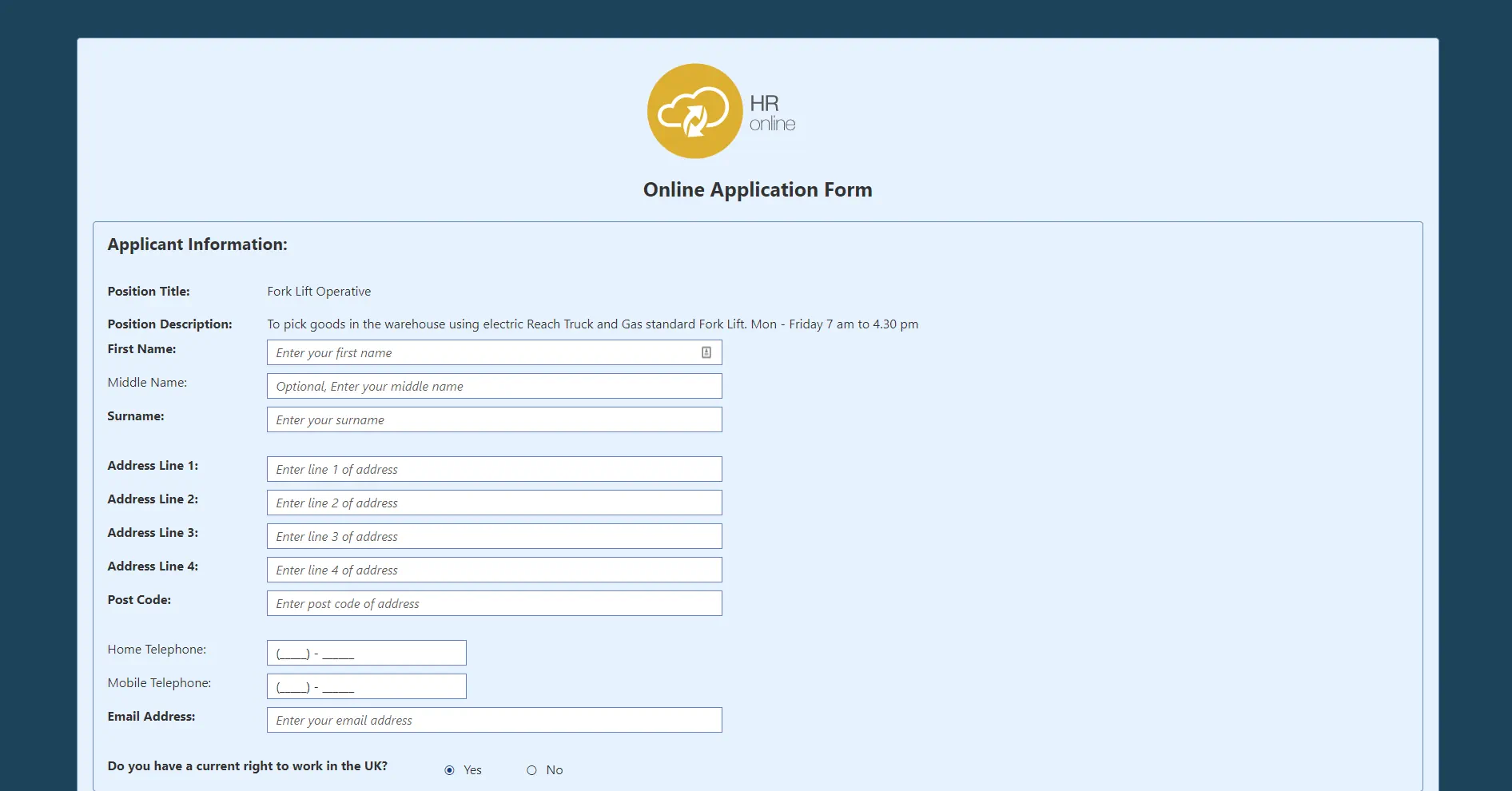 HR Online Application Form
