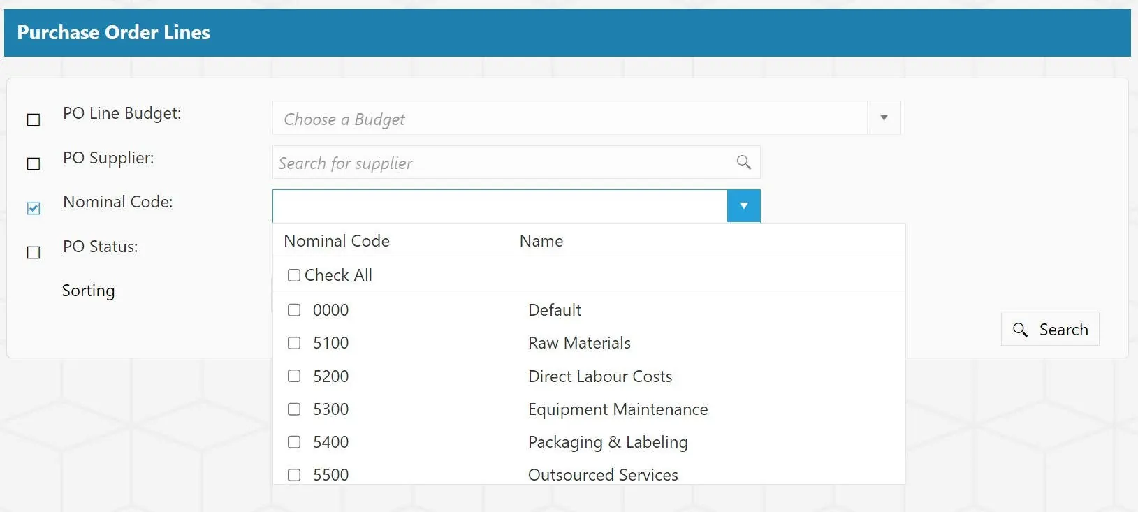Nominal Code Filter for PO Lines