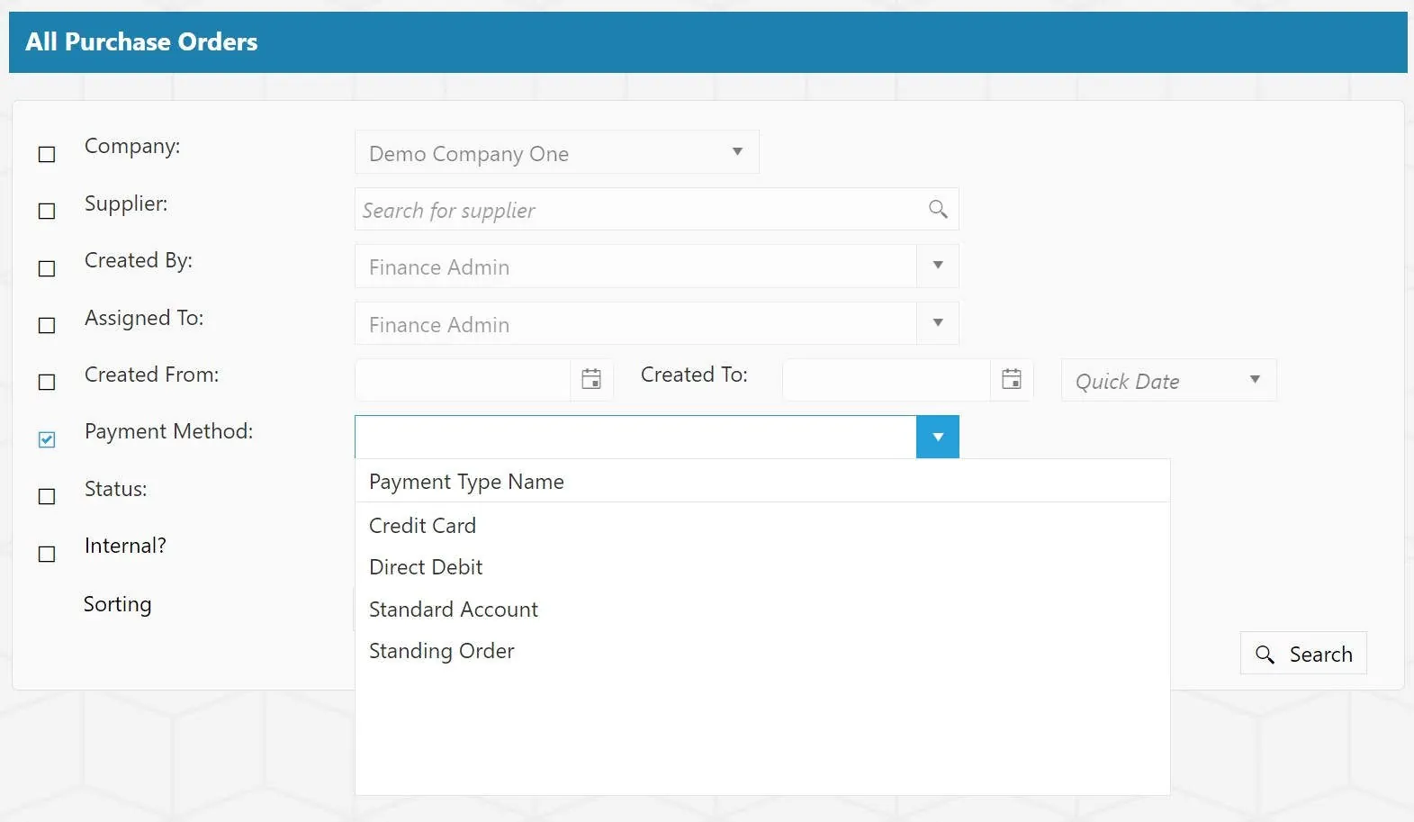 Payment Method Filter for Purchase Orders