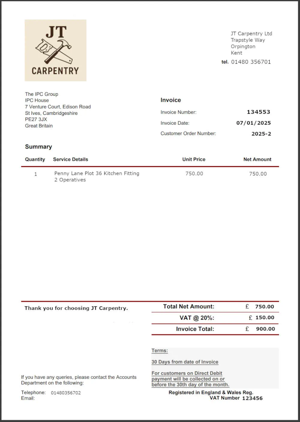Example Construction invoice