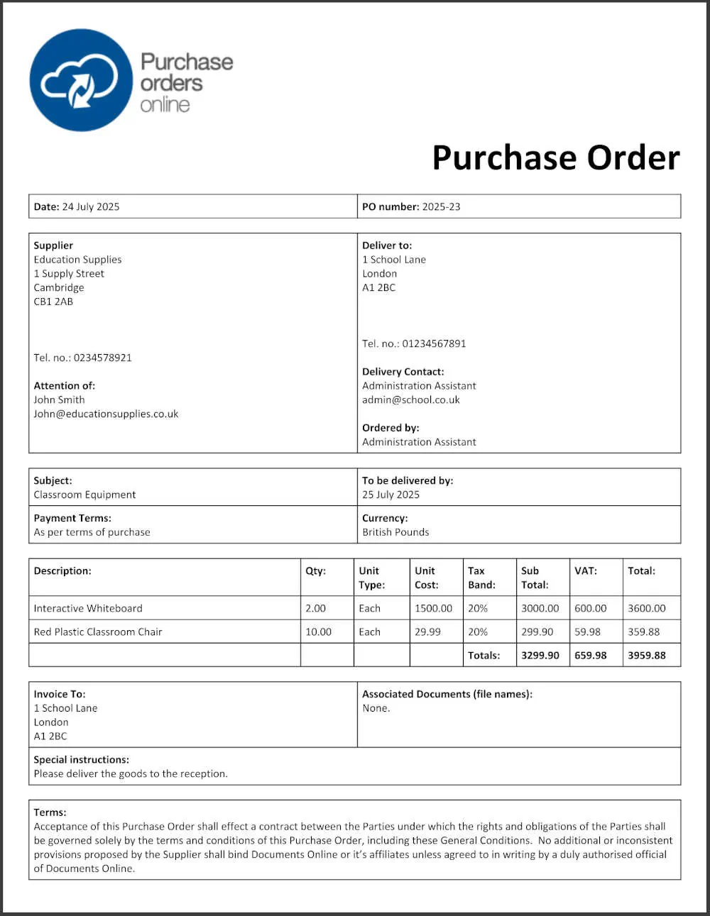 Example Education Purchase Order Example Education Purchase Order