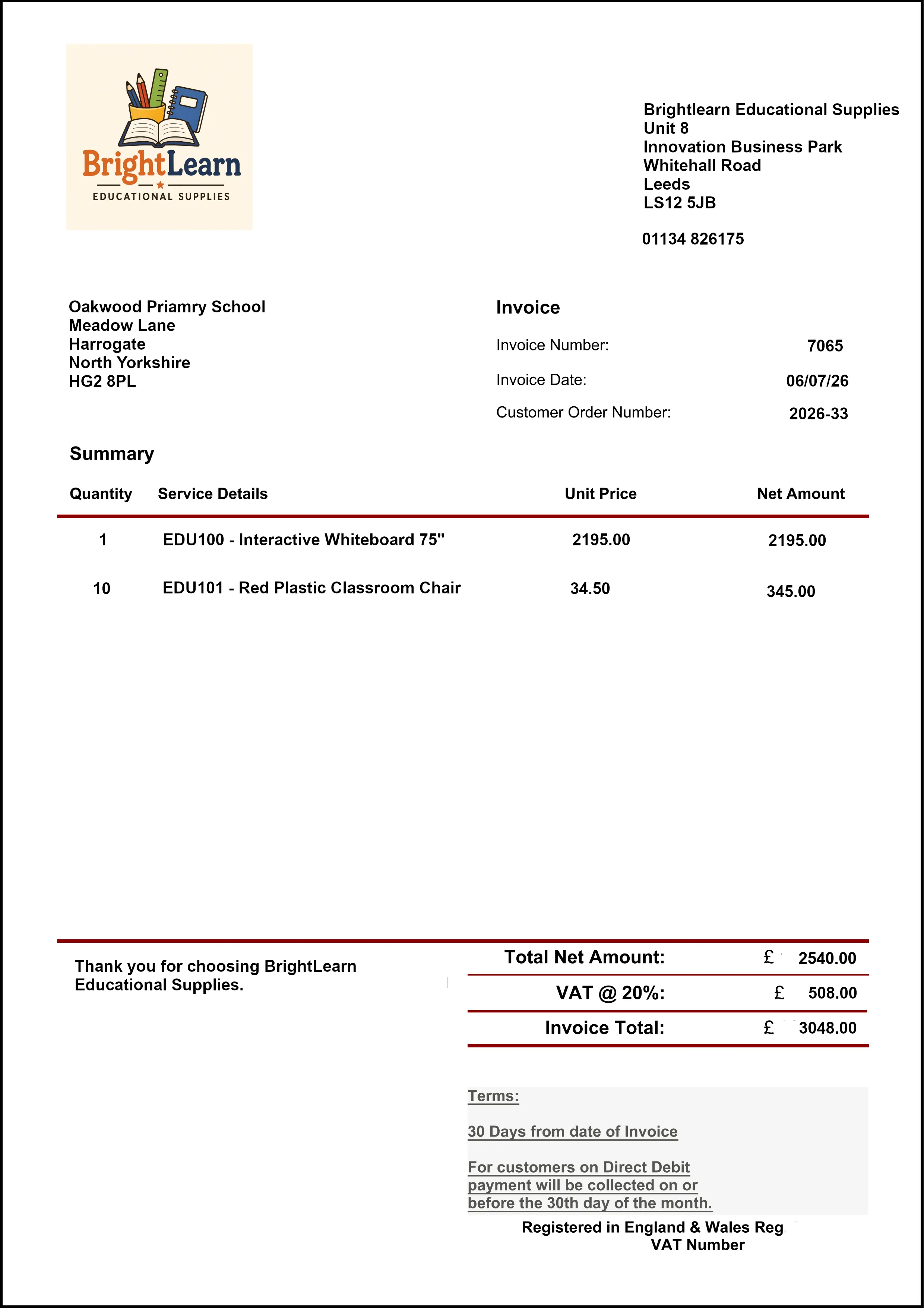 Example Education invoice