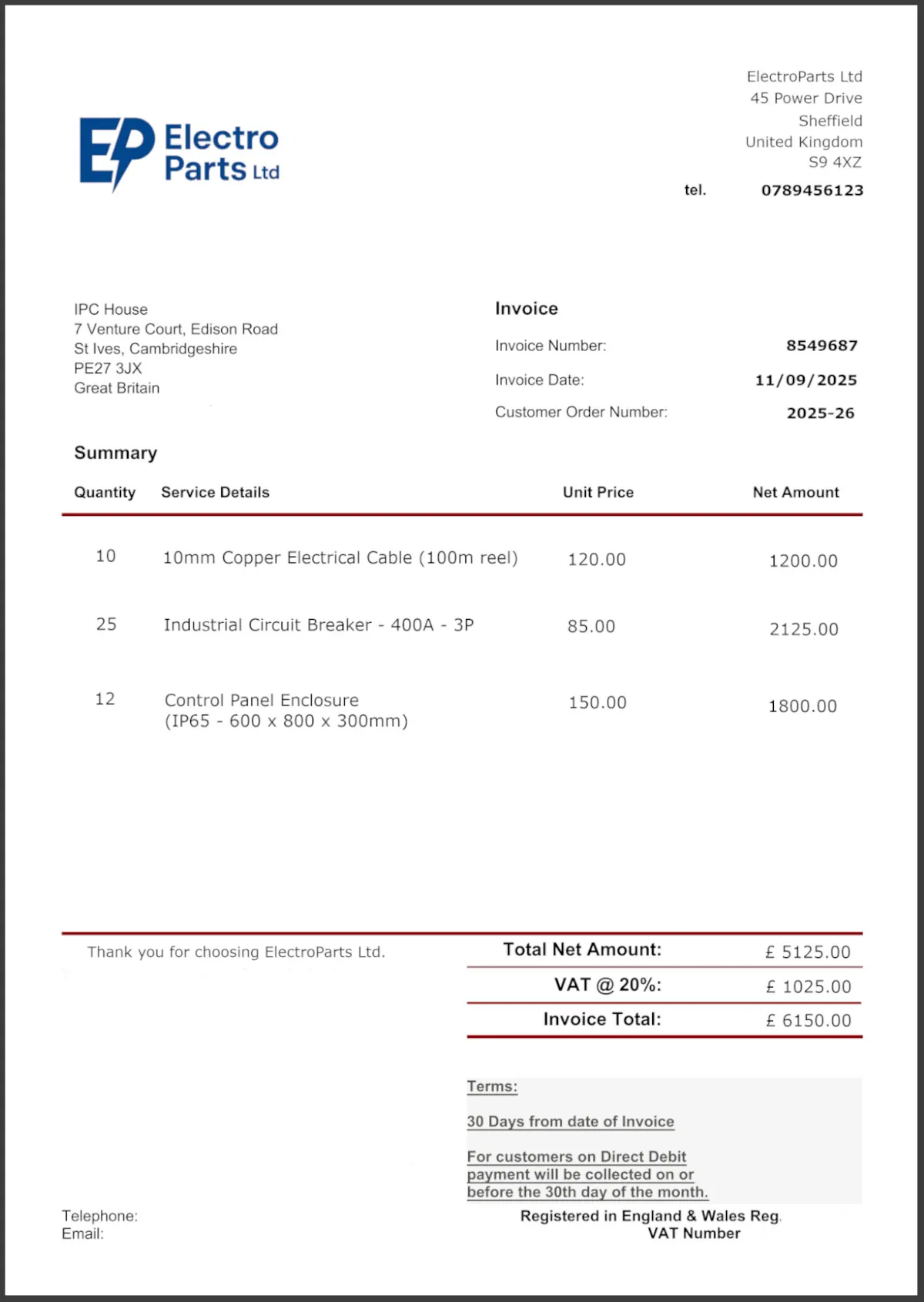 Example Engineering invoice