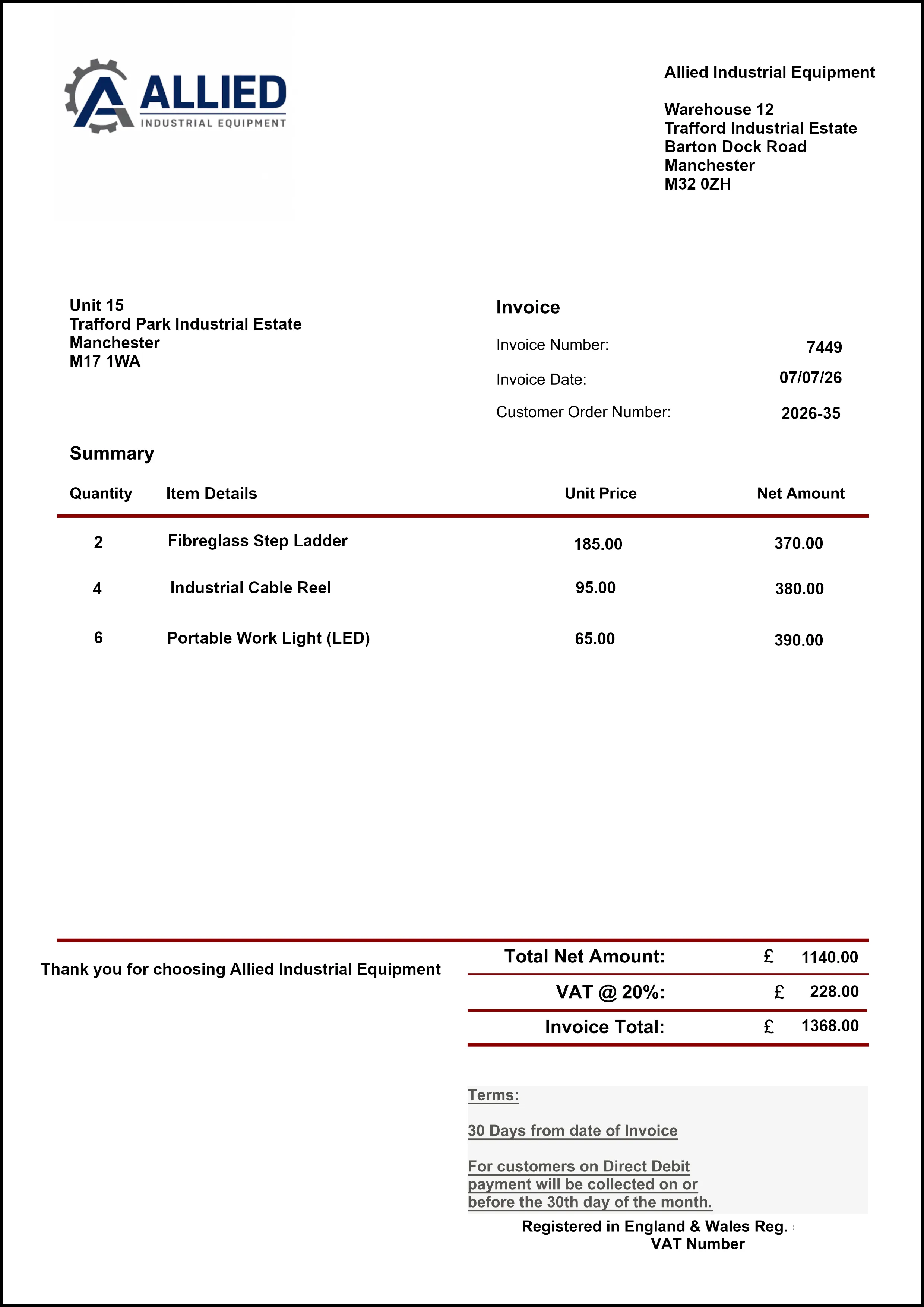 Example Engineering invoice