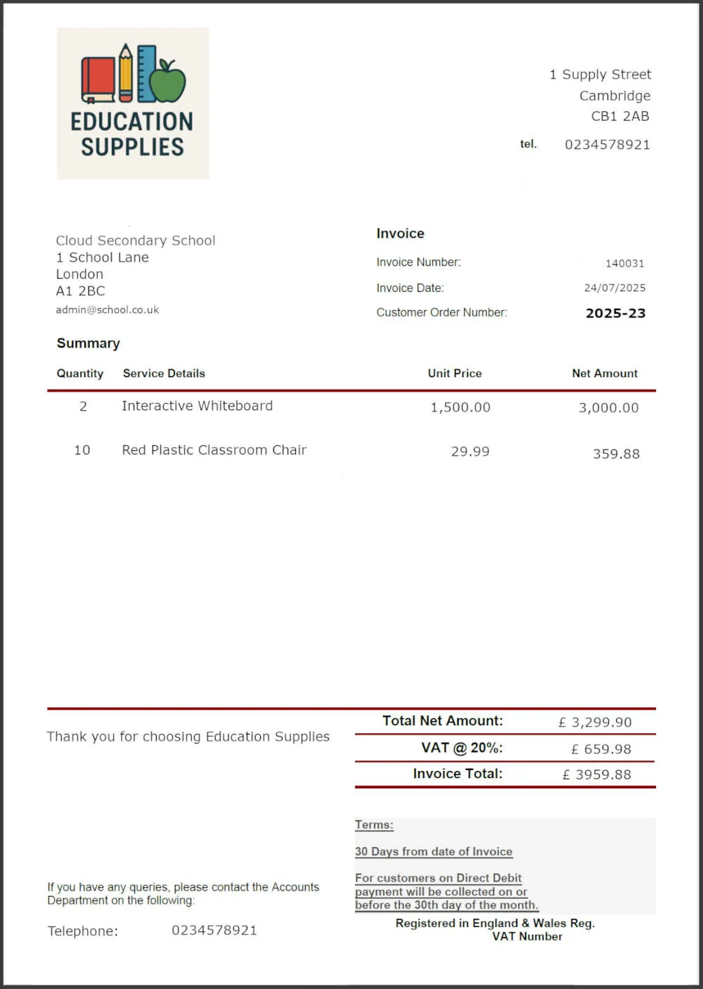 Example Education Invoice Example Education invoice