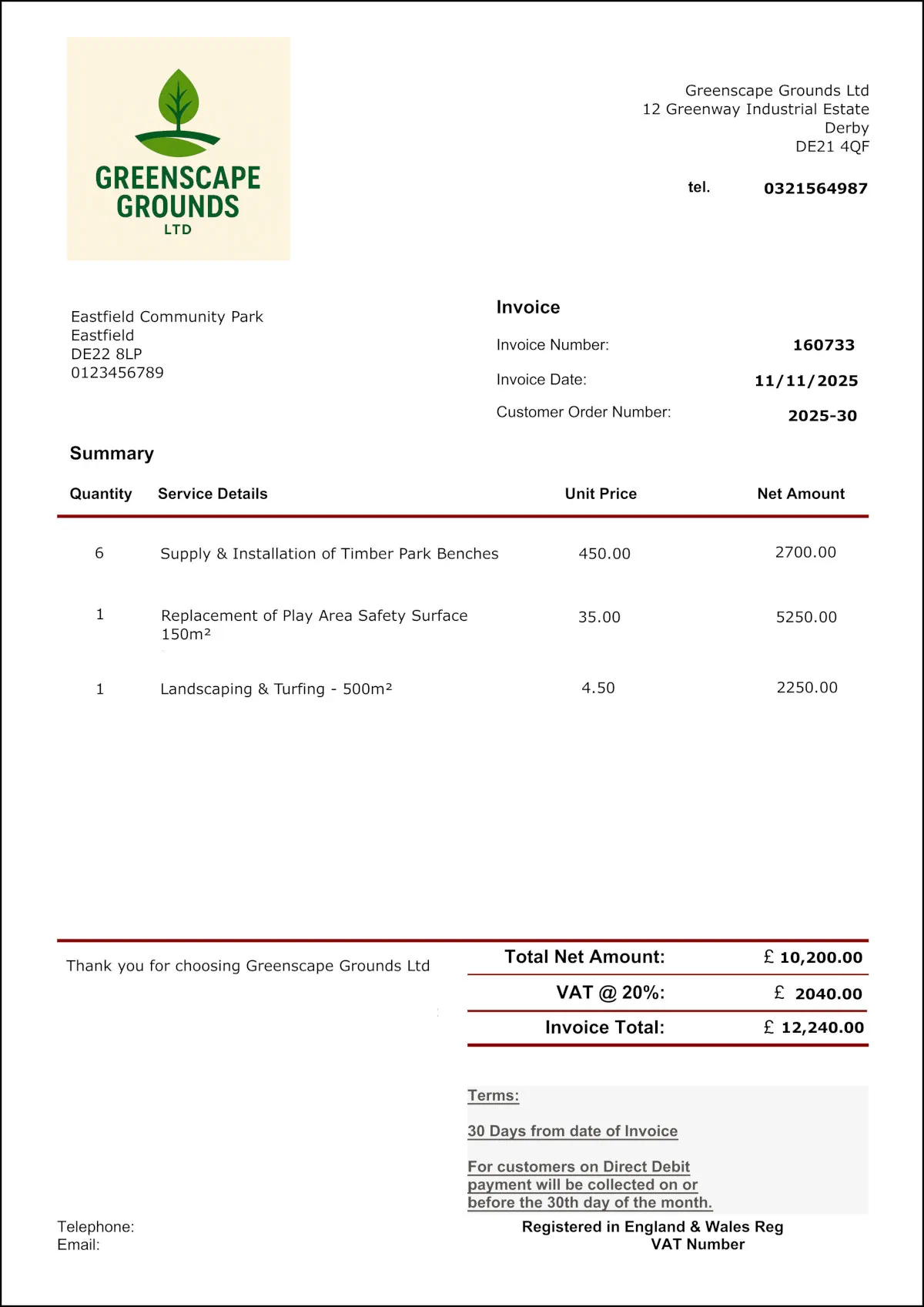 Example Local Councils & Authorities invoice