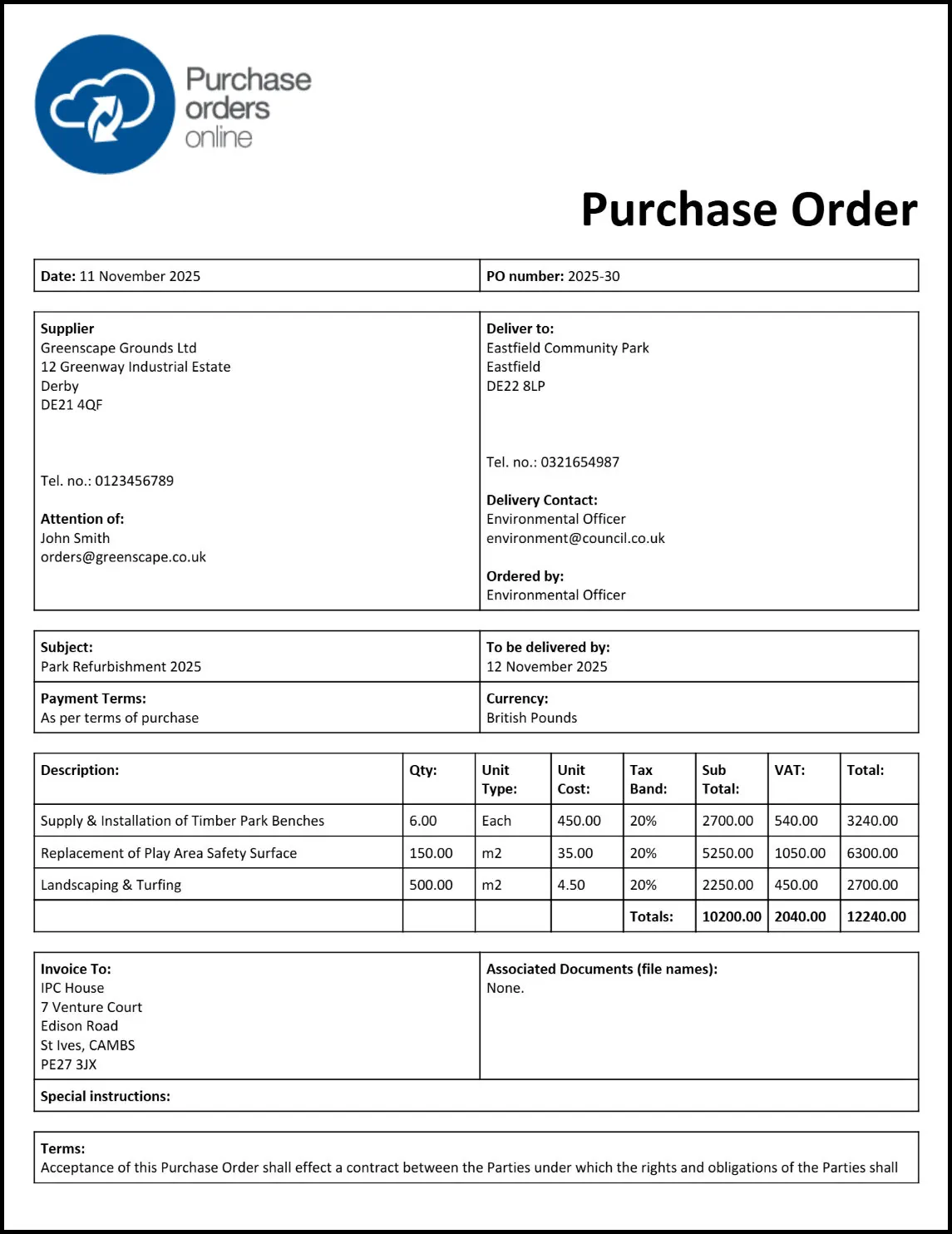 Example Local Councils & Authorities Purchase Order