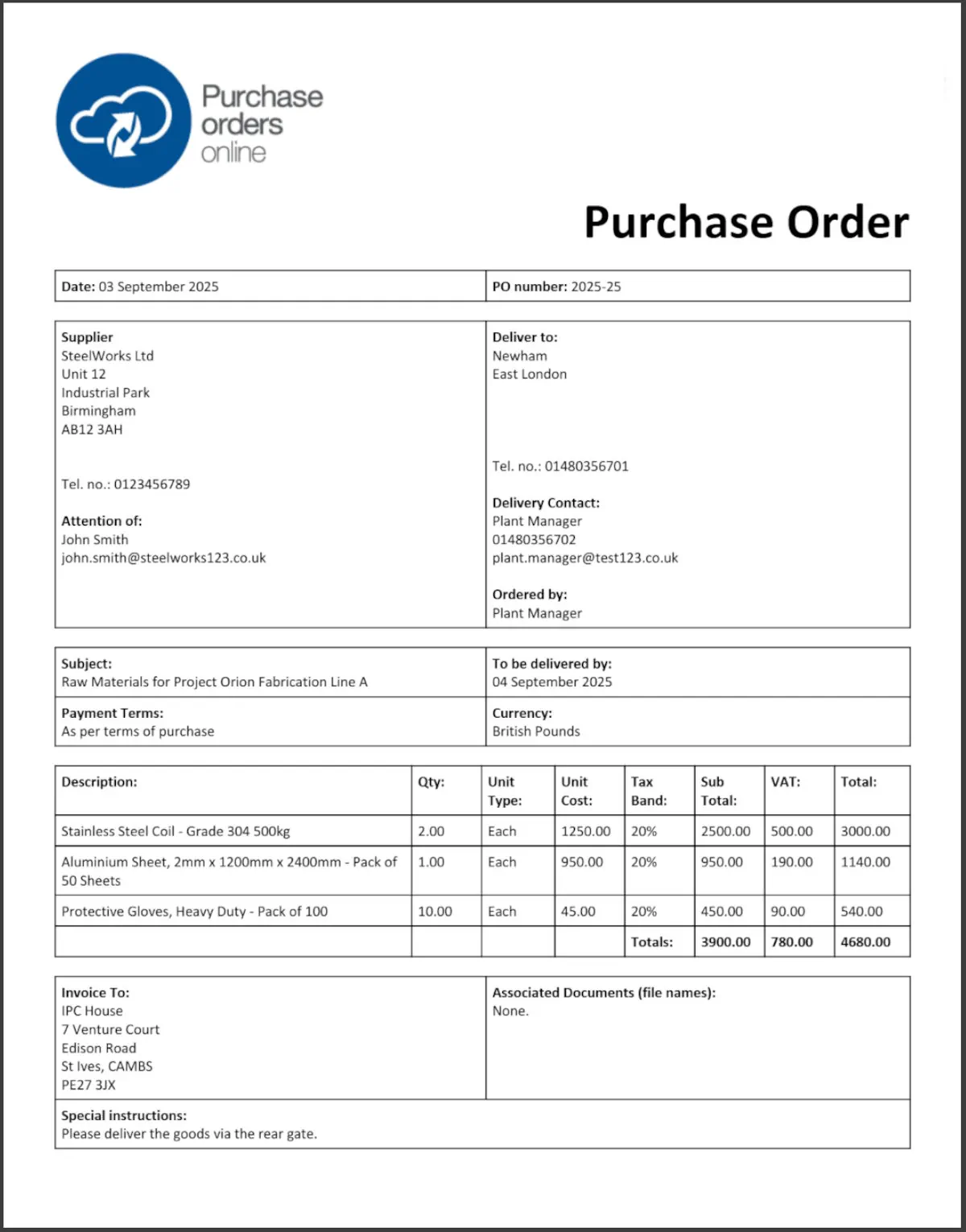 Example Manufacturing Purchase Order Example Manufacturing Purchase Order