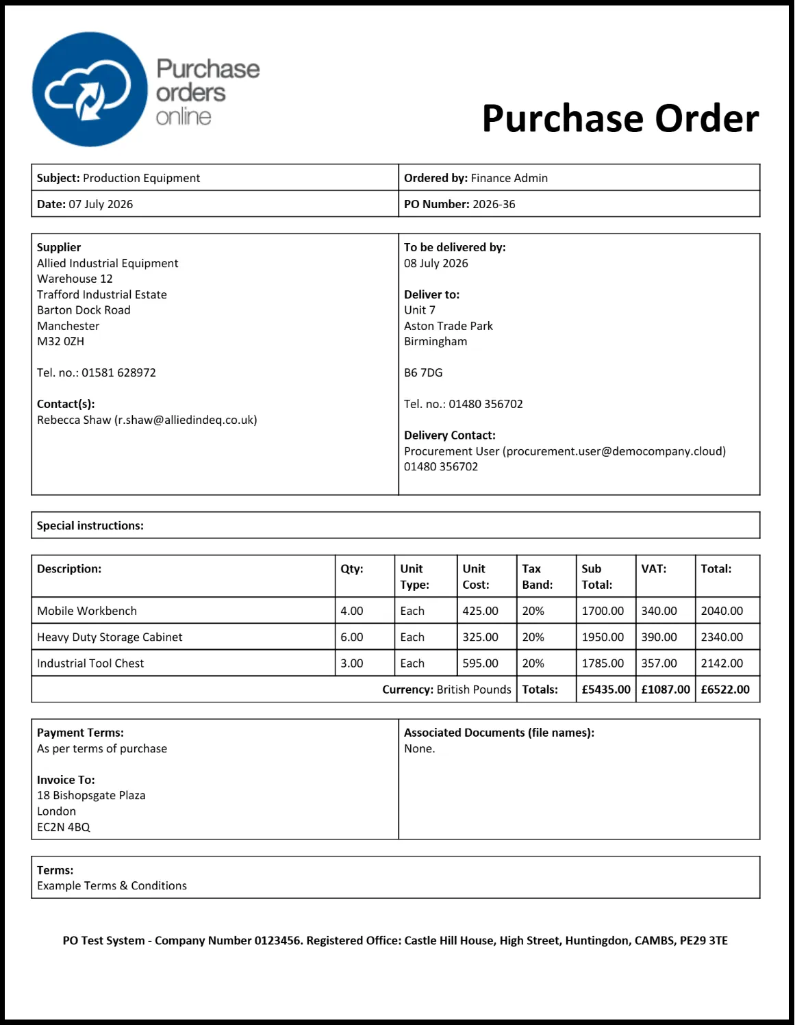 Example Manufacturing Purchase Order