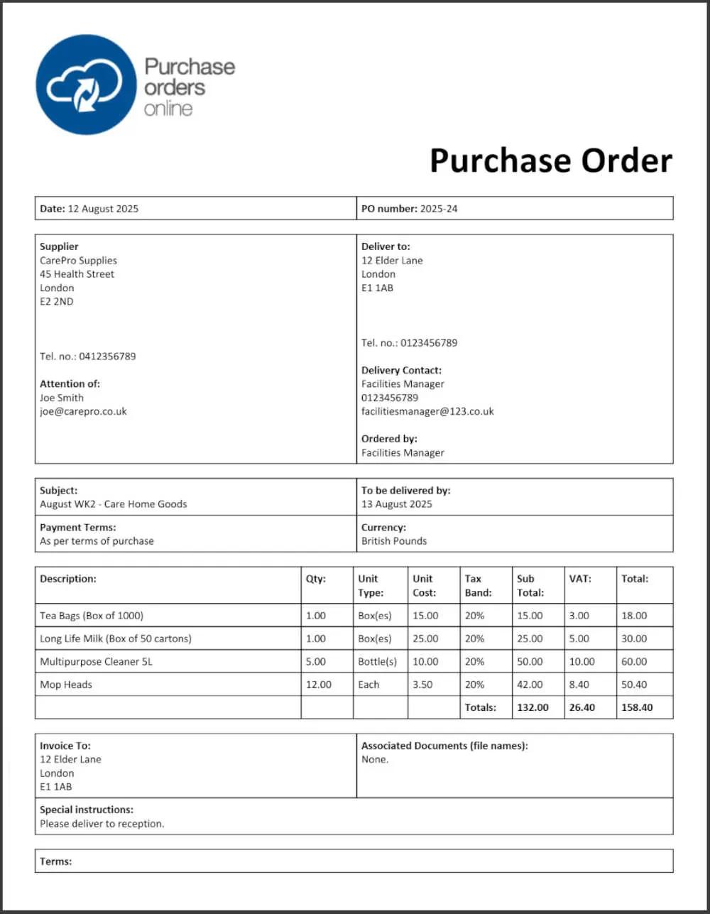 Example Education Purchase Order Example Education Purchase Order