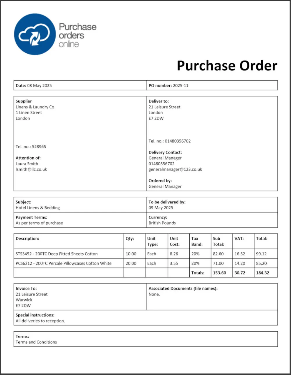 Example Sports & Leisure Purchase Order Example Sports & Leisure Purchase Order