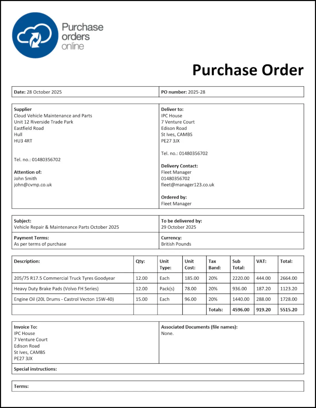 Example Transport & Logistics Purchase Order Example Transport & Logistics Purchase Order