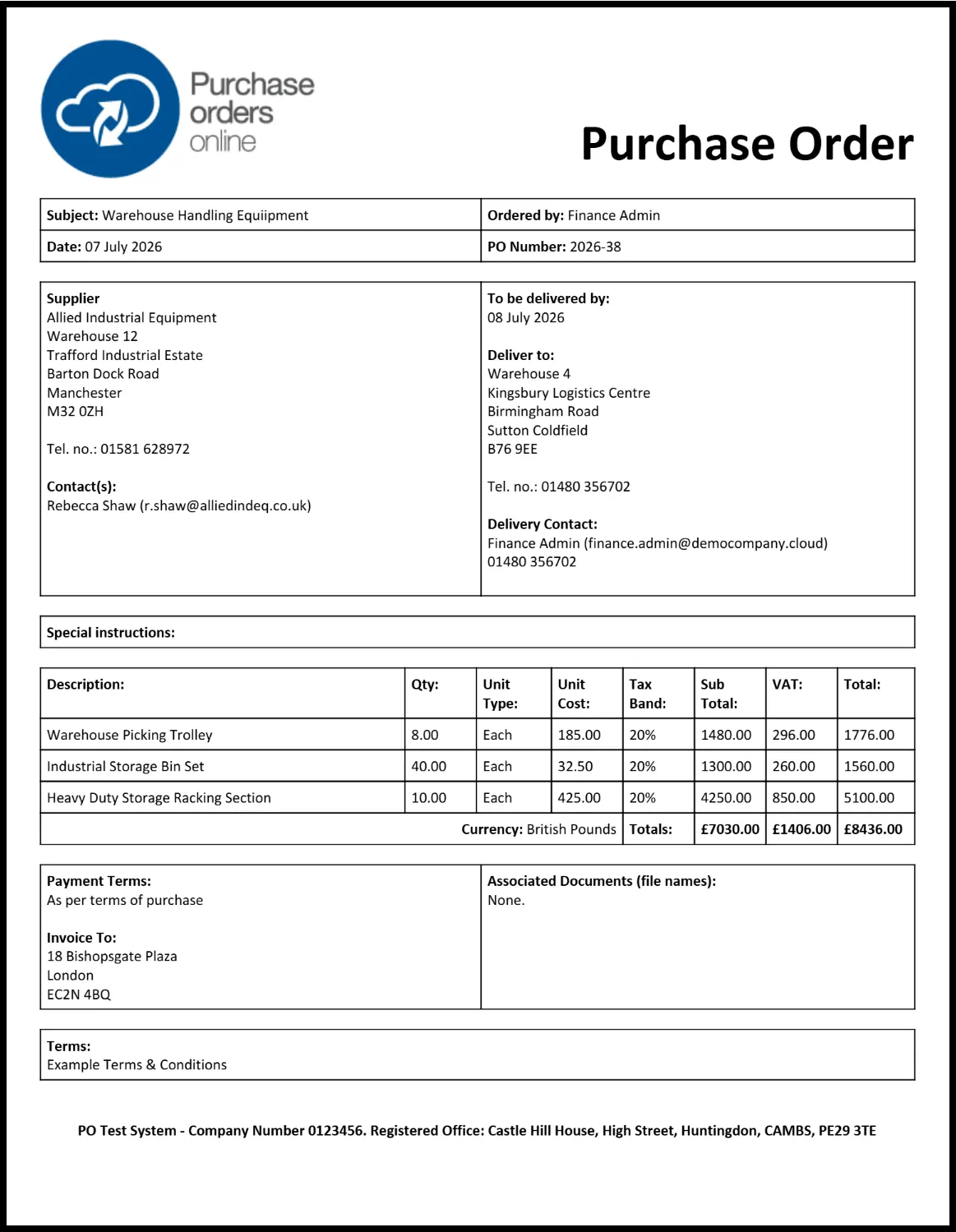 Example Transport & Logistics Purchase Order