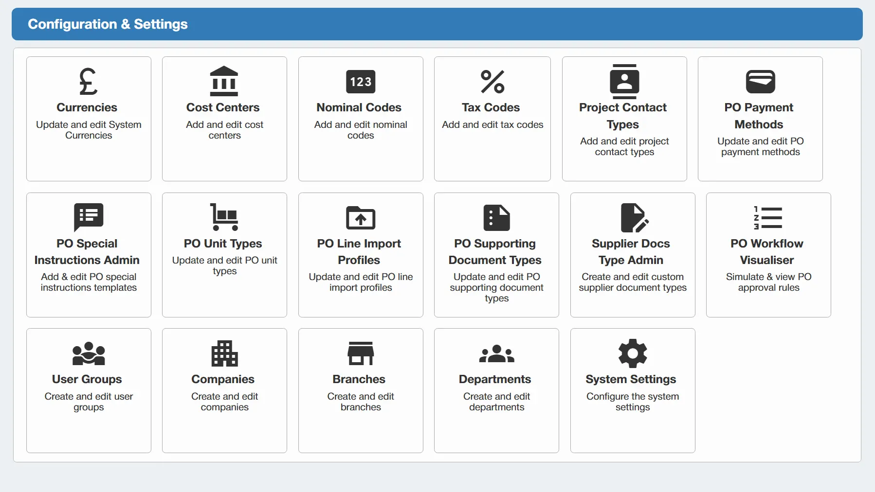 Configuration controls are available to administrative users of the po system.