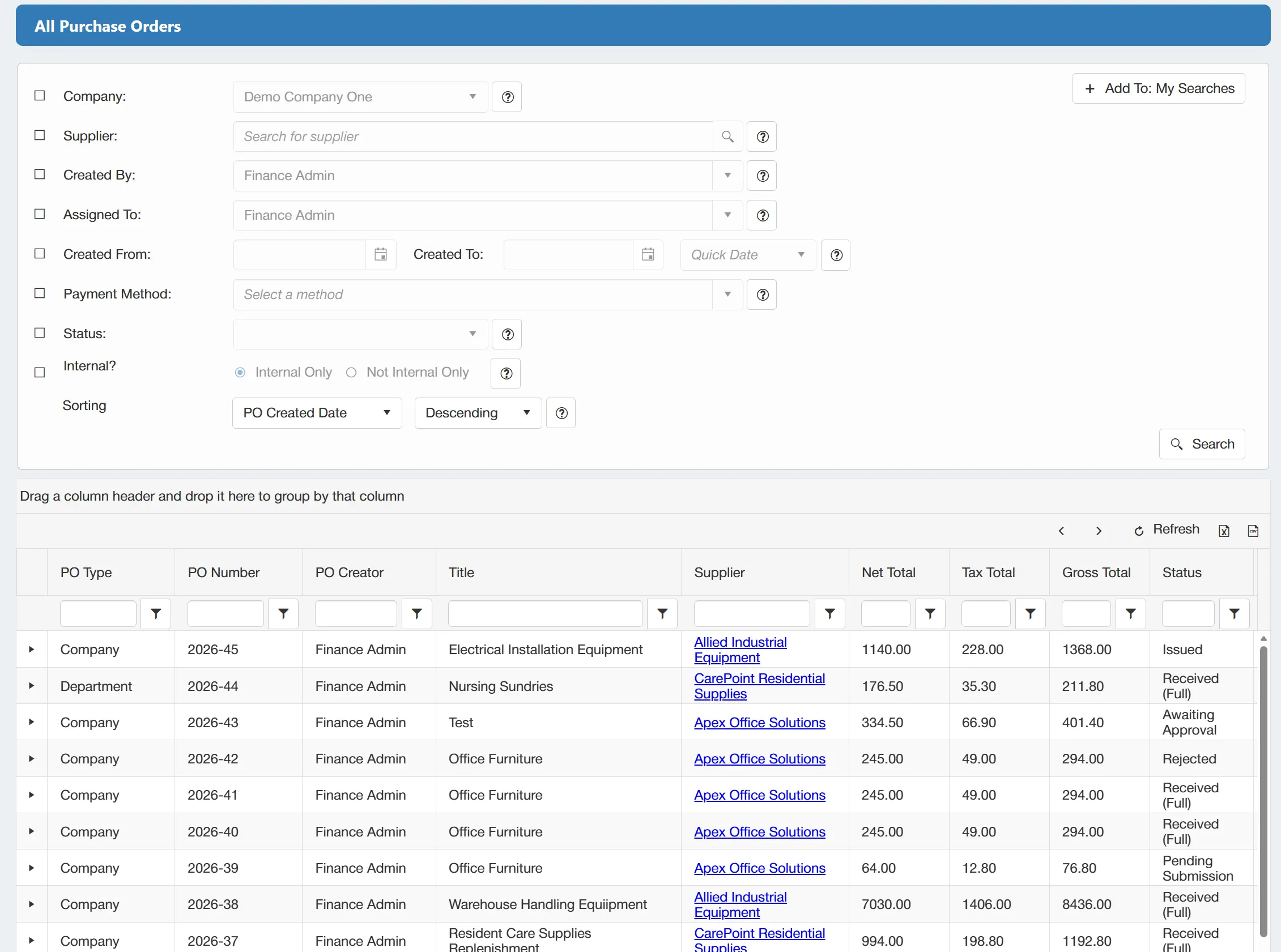 Utilise custom filters to tailor your search results within the purchase order system.