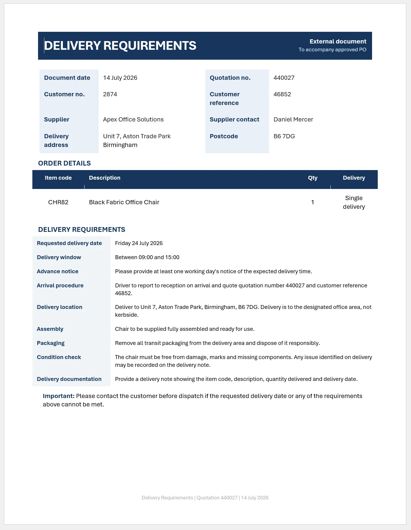 An example purchase order created on Cloud B2B's purchase order system