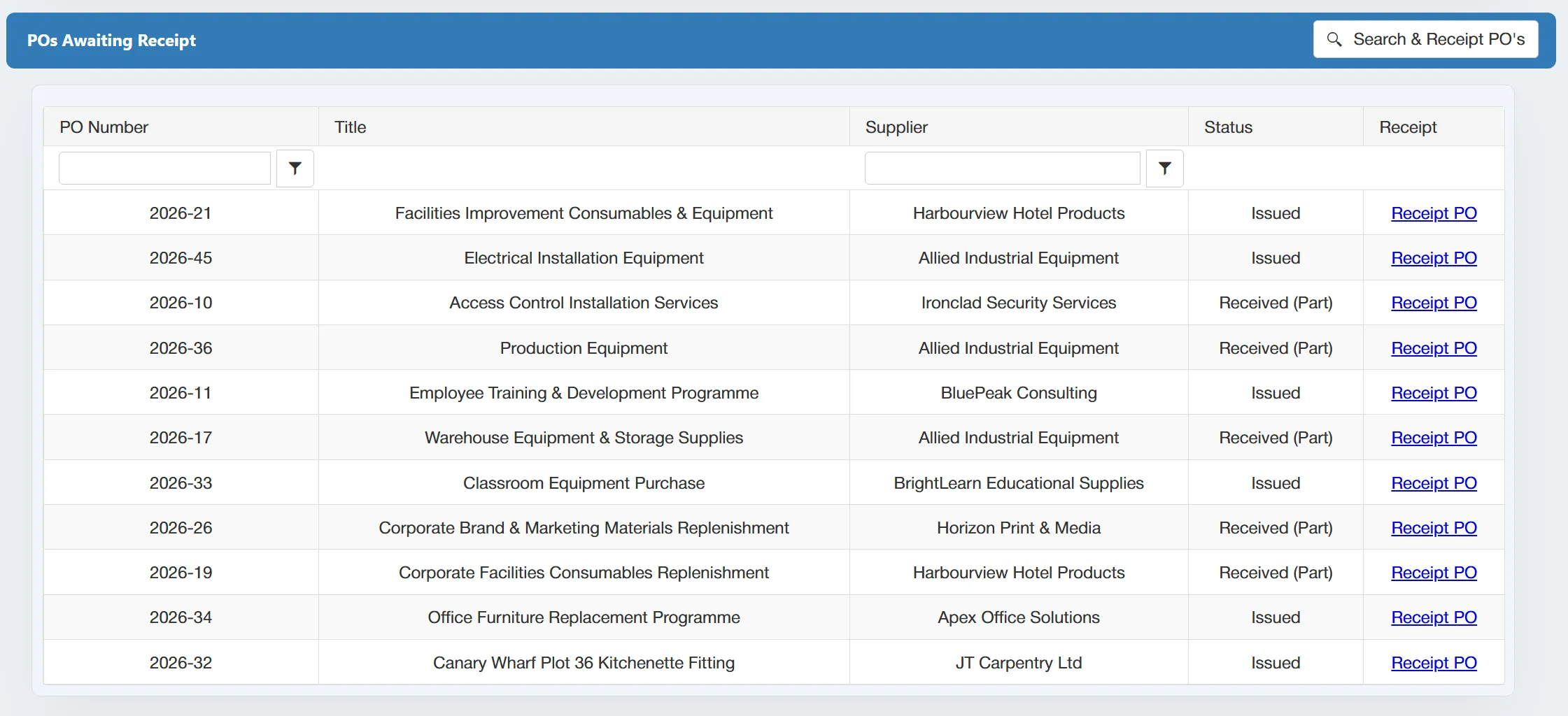 The goods receipting dashboard shows any outstanding purchase orders awaiting delivery.