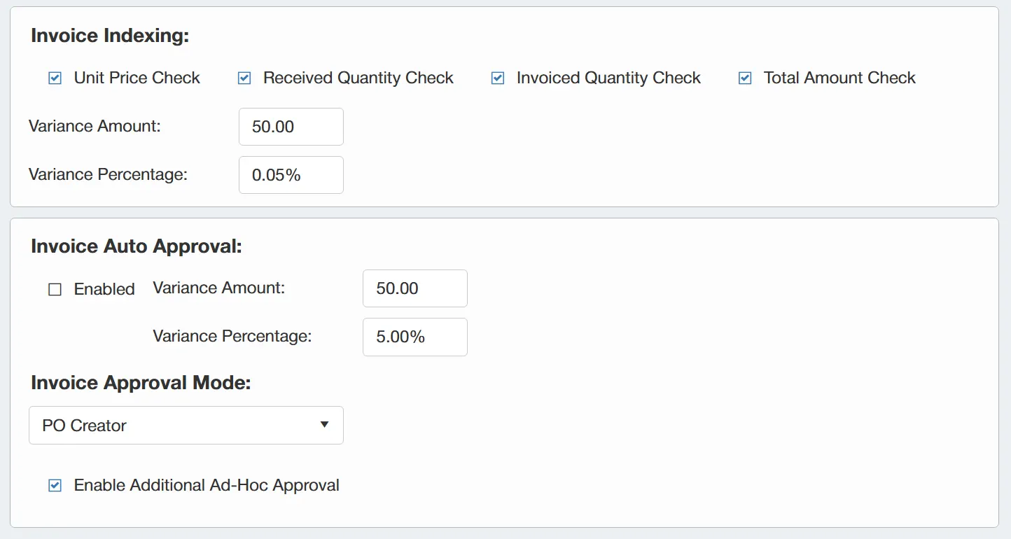 Set up approval parameters for invoices.
