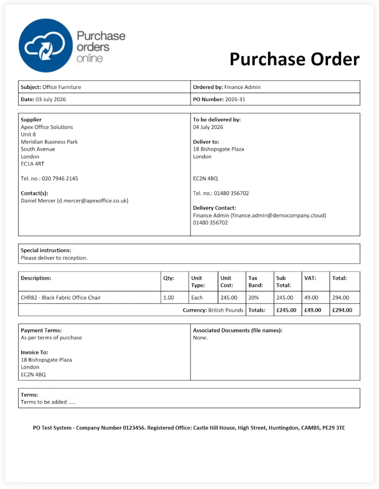 An example purchase order created on Cloud B2B's purchase order system
