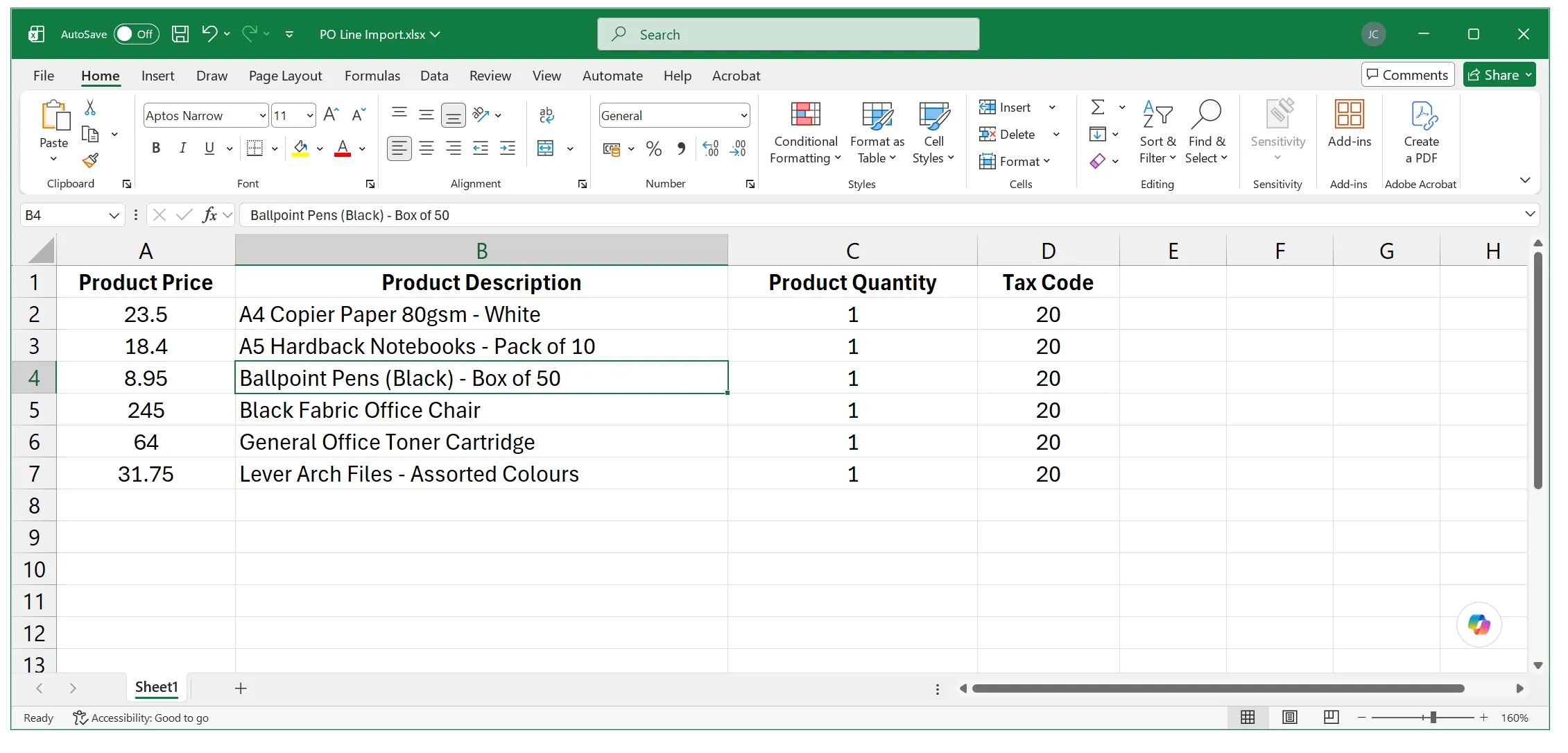 Import purchase order lines in bulk for efficiency.