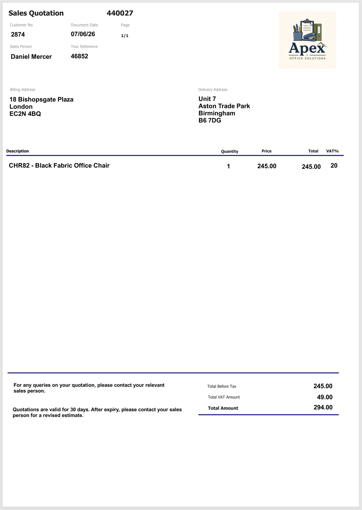 An example purchase order created on Cloud B2B's purchase order system