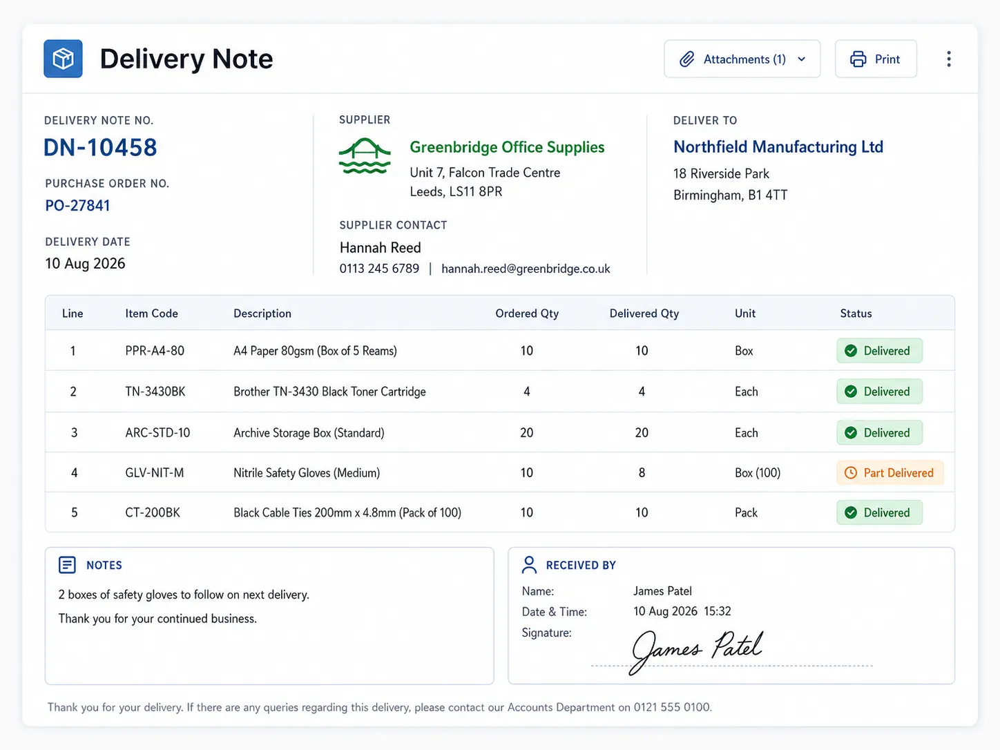 Upload delivery notes to the purchase order system for receipting