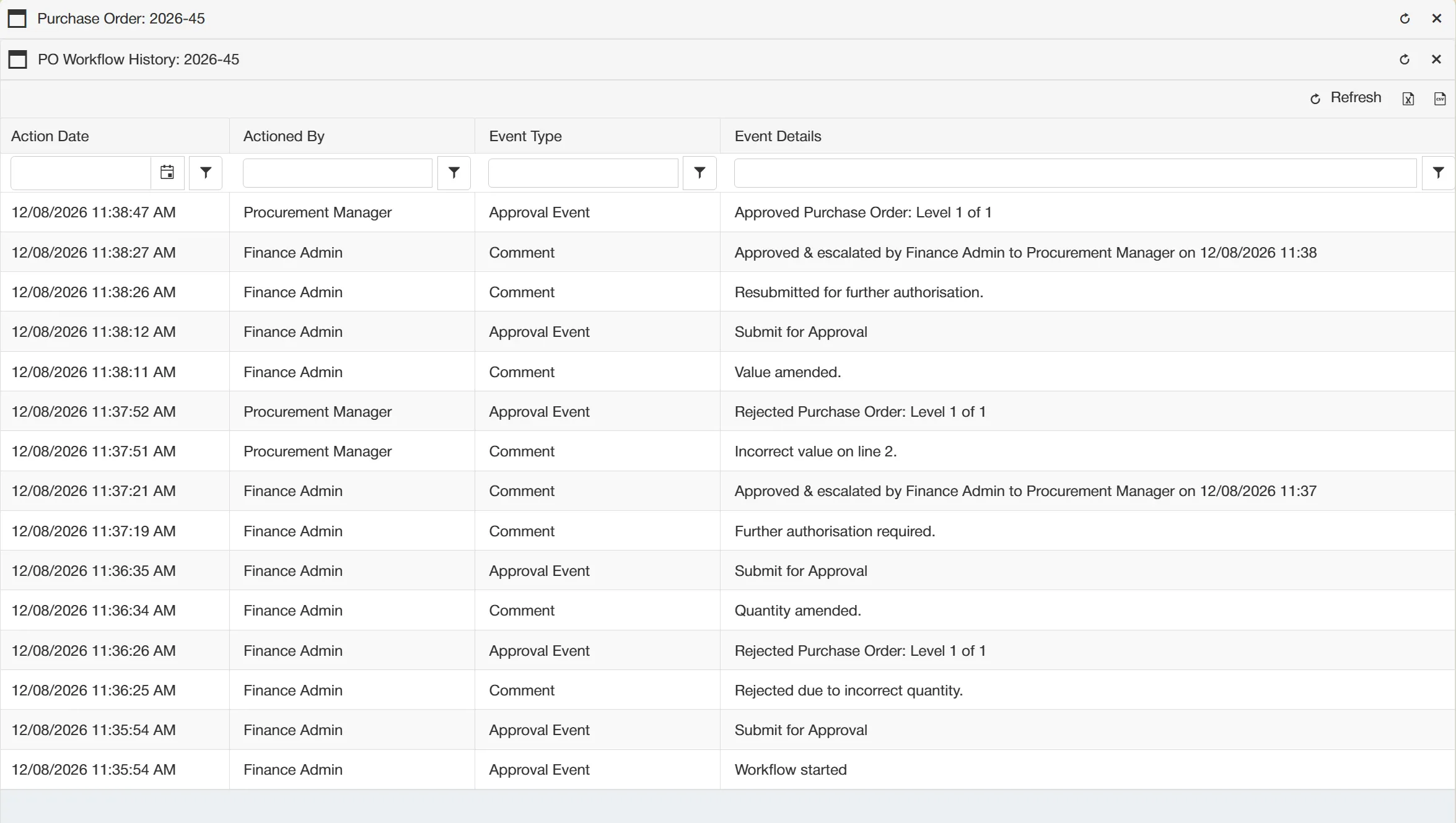Full audit trail for purchase orders within the po software.