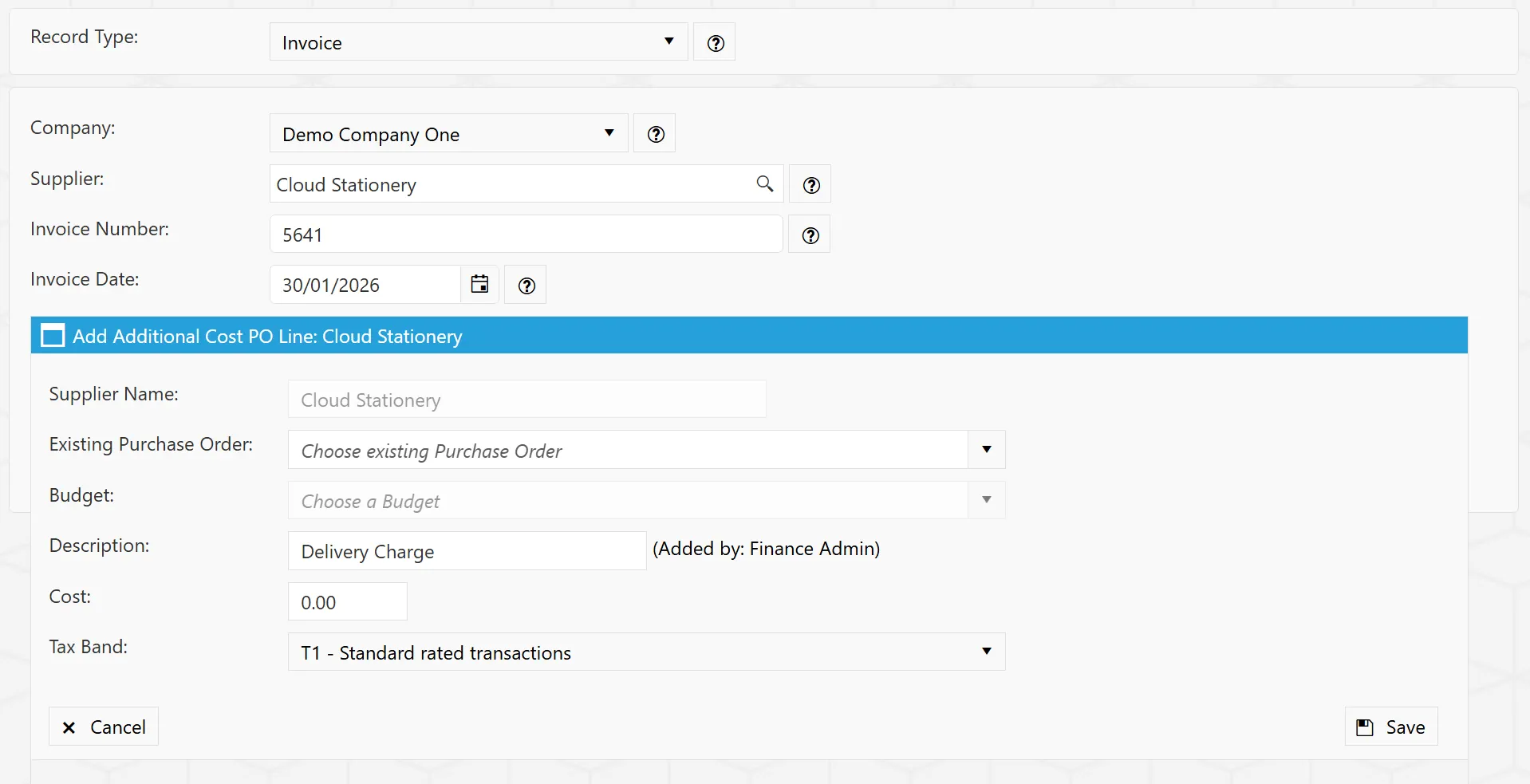 Additional Costs can be added to an invoice despite not being present on the purchase order e.g. delivery charges.