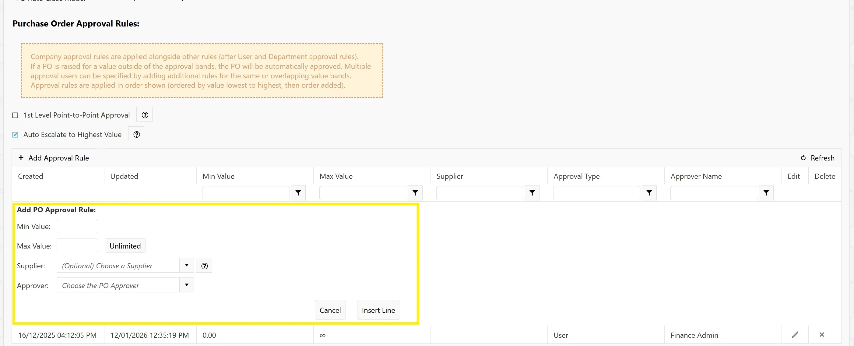 Fill in the required details for your new company level approval rule.