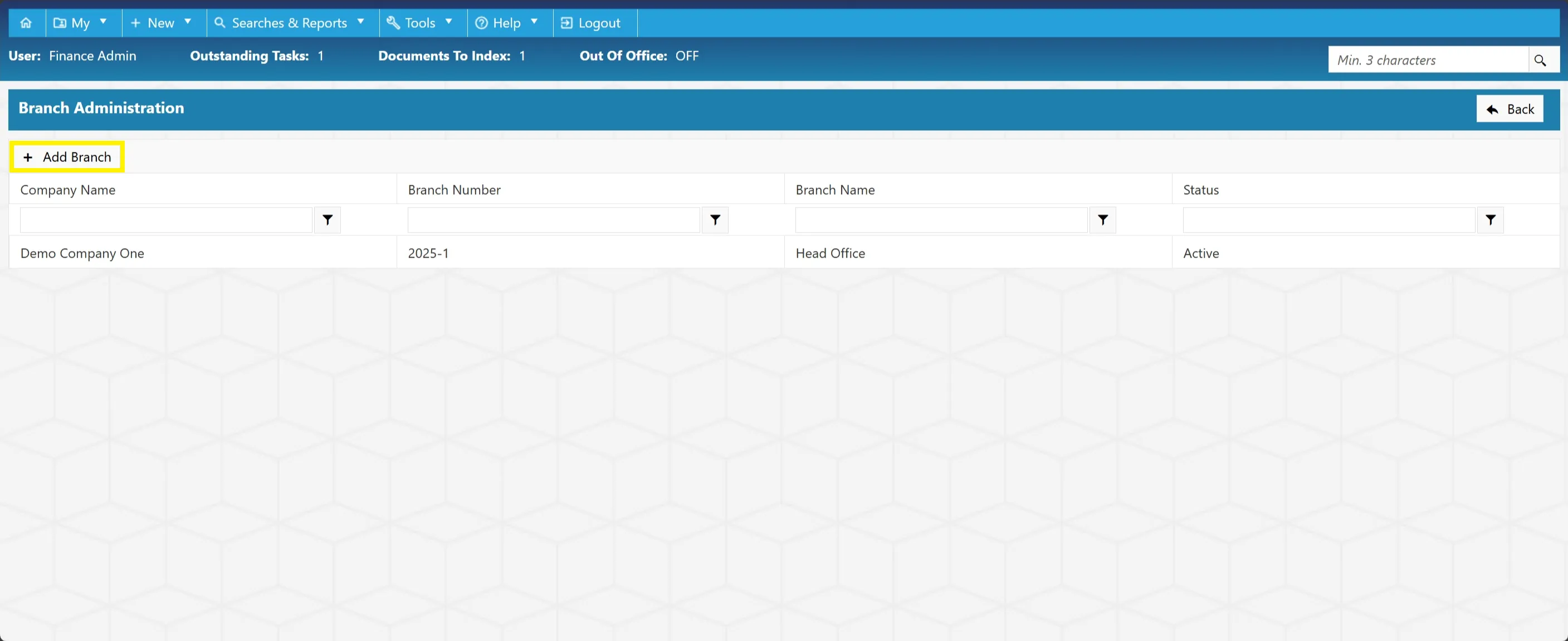 Select the Add Branch button to begin adding a new branch to the system.