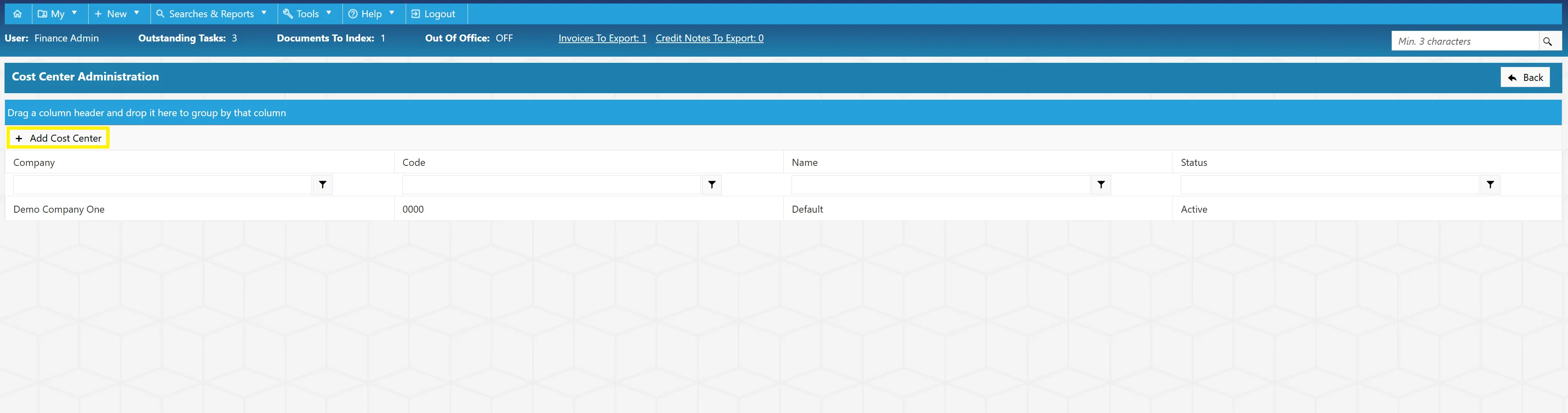 Select Add Cost Center to create a new cost center for use within the purchase order system.