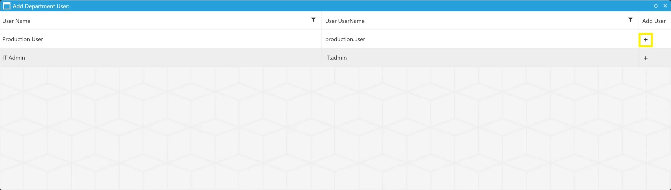 A list of users will be displayed, you can add these to your department by clicking on the add icon.