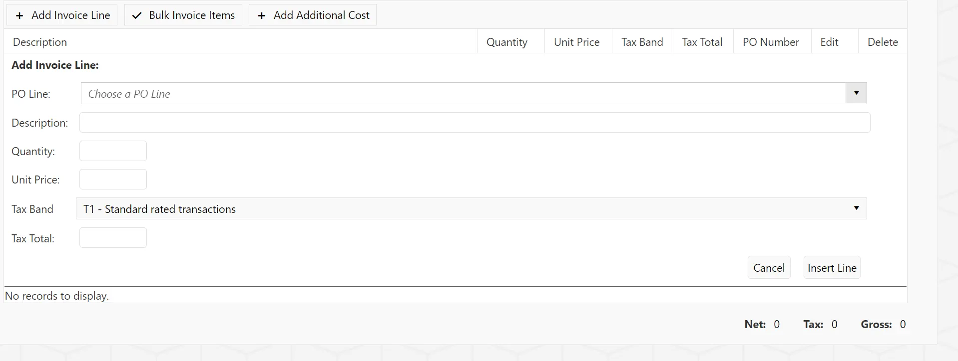 Users can manually add invoice lines by populating the fields with the relevant details.