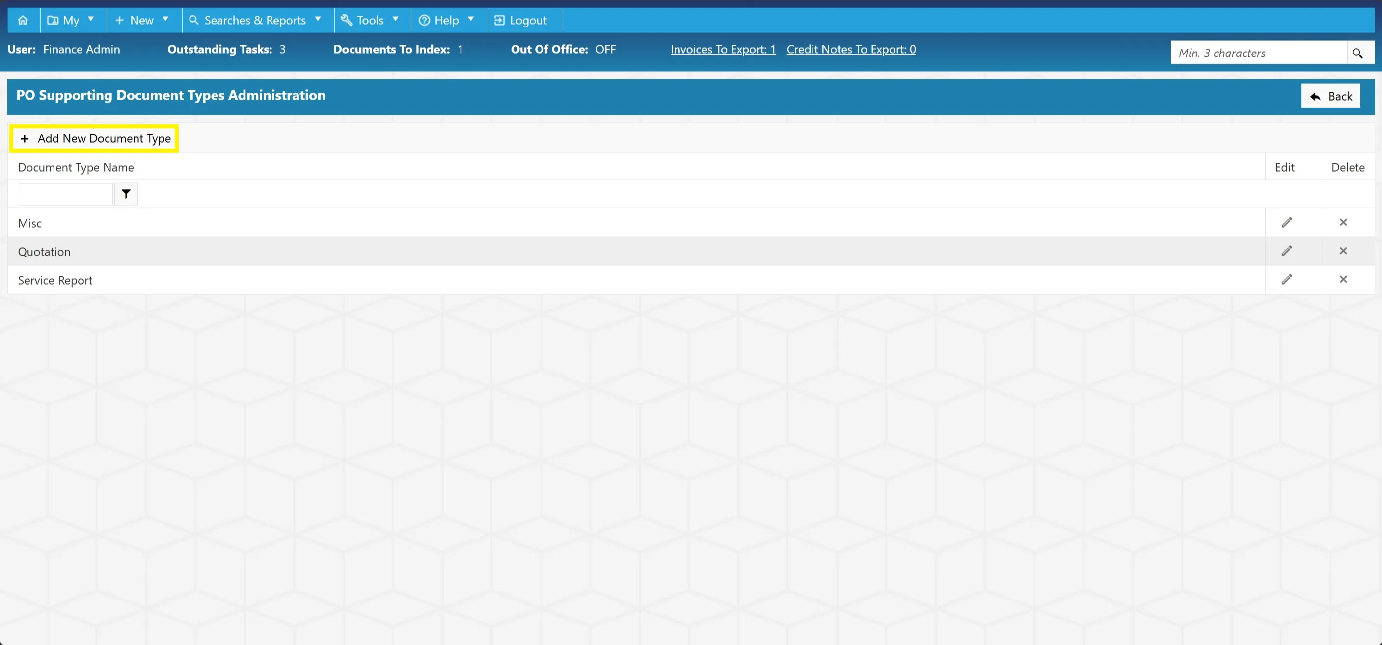 Admin users can add new document types as required.