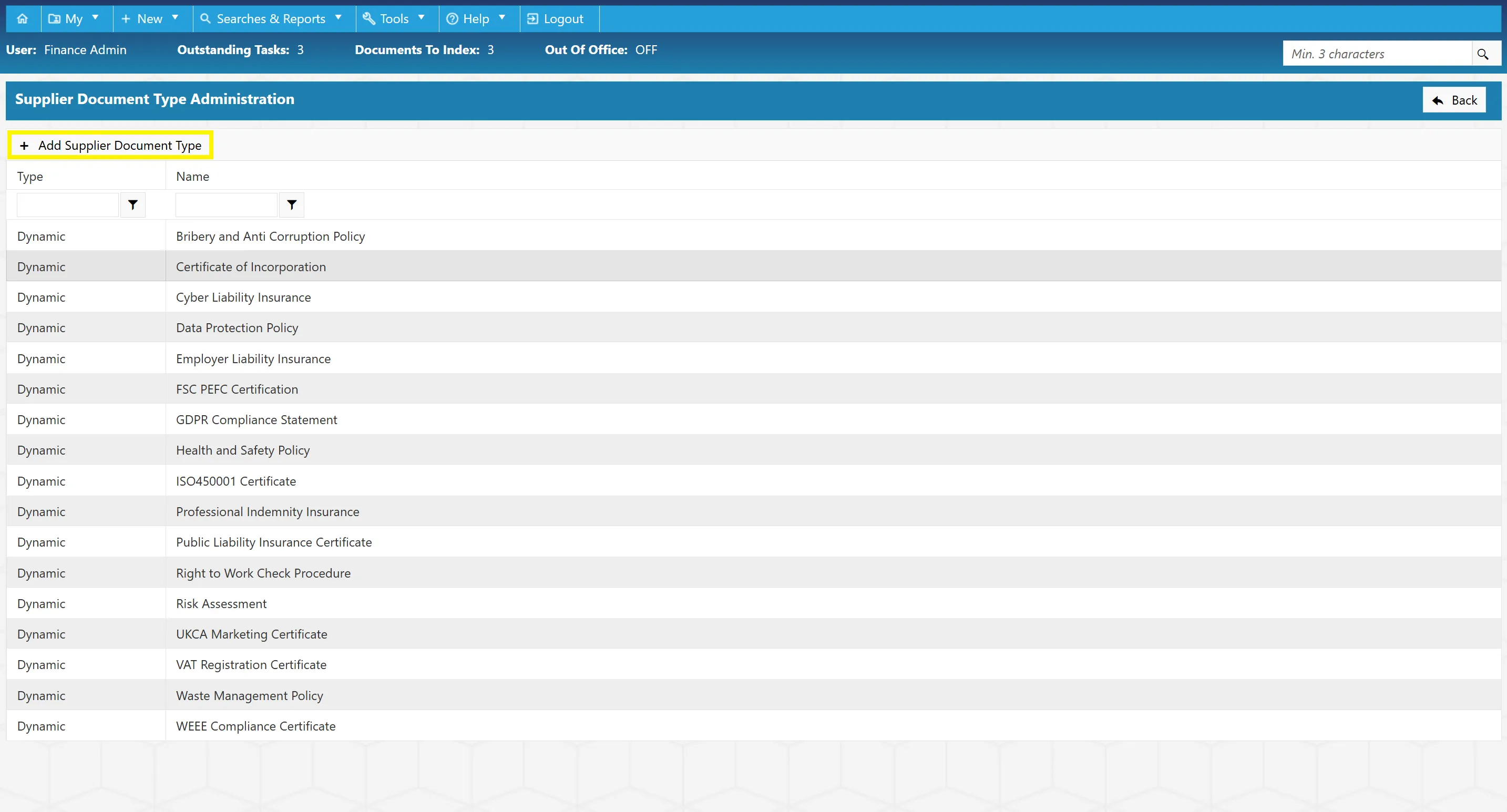 Admin users can add new supplier document types as required.
