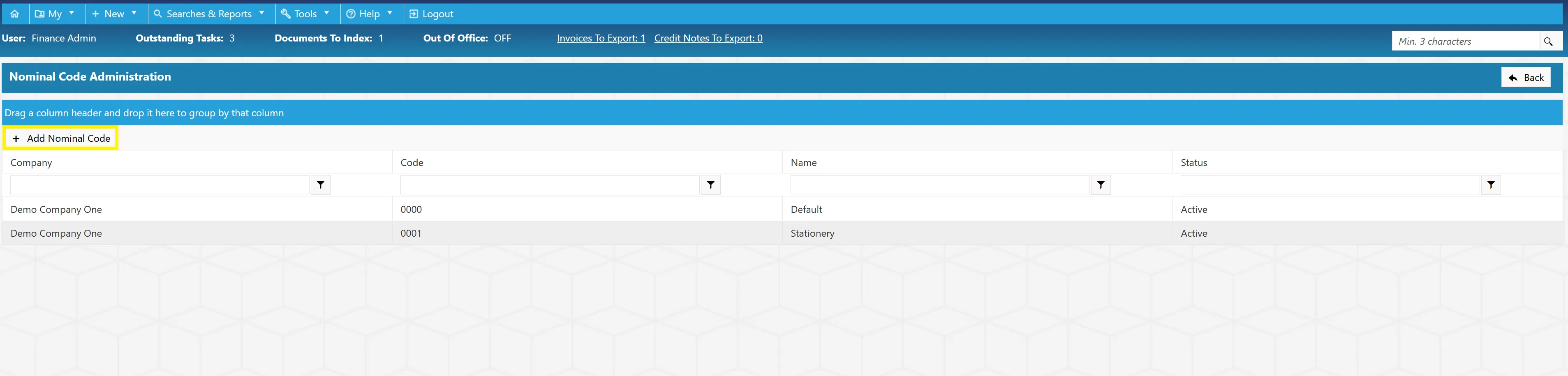 Select Add Nominal Code to create a new nominal code for use within the system.
