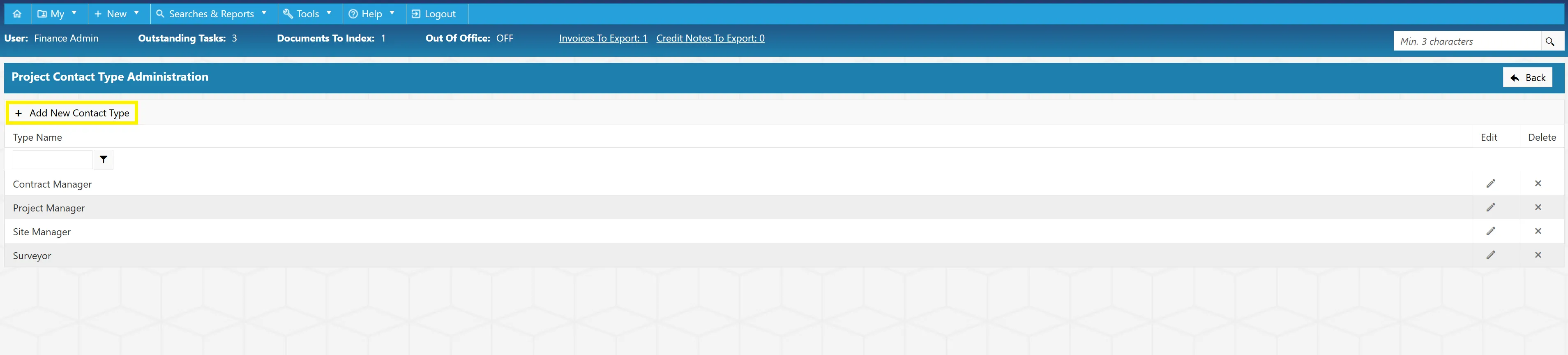 Select Add New Contact Type to create new project contact types for use within the PO system.