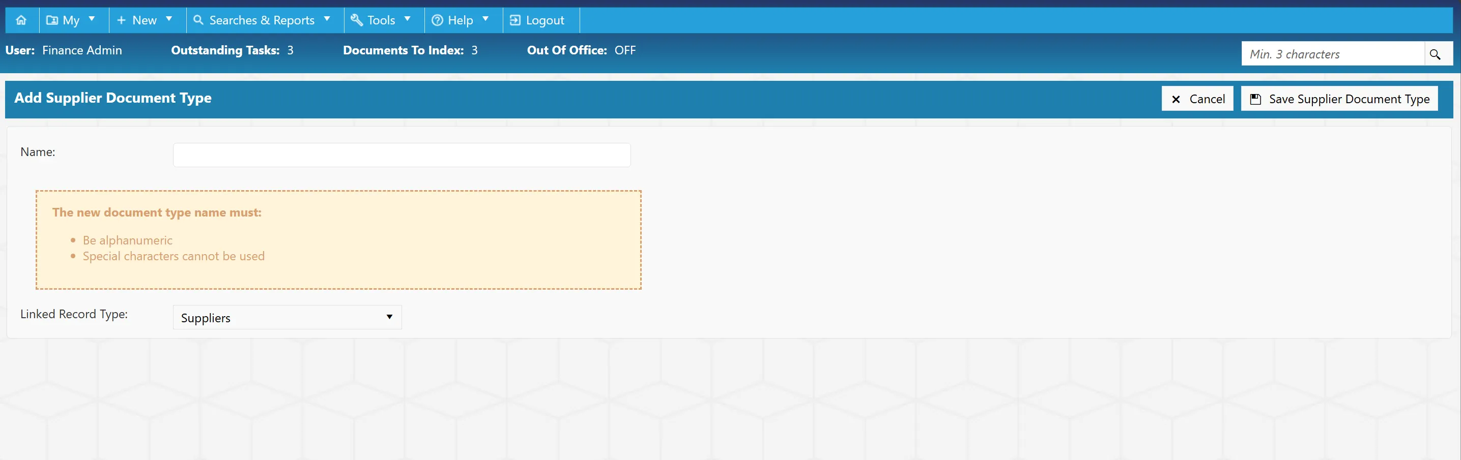 Input the Document Type name and specify the linked record type.