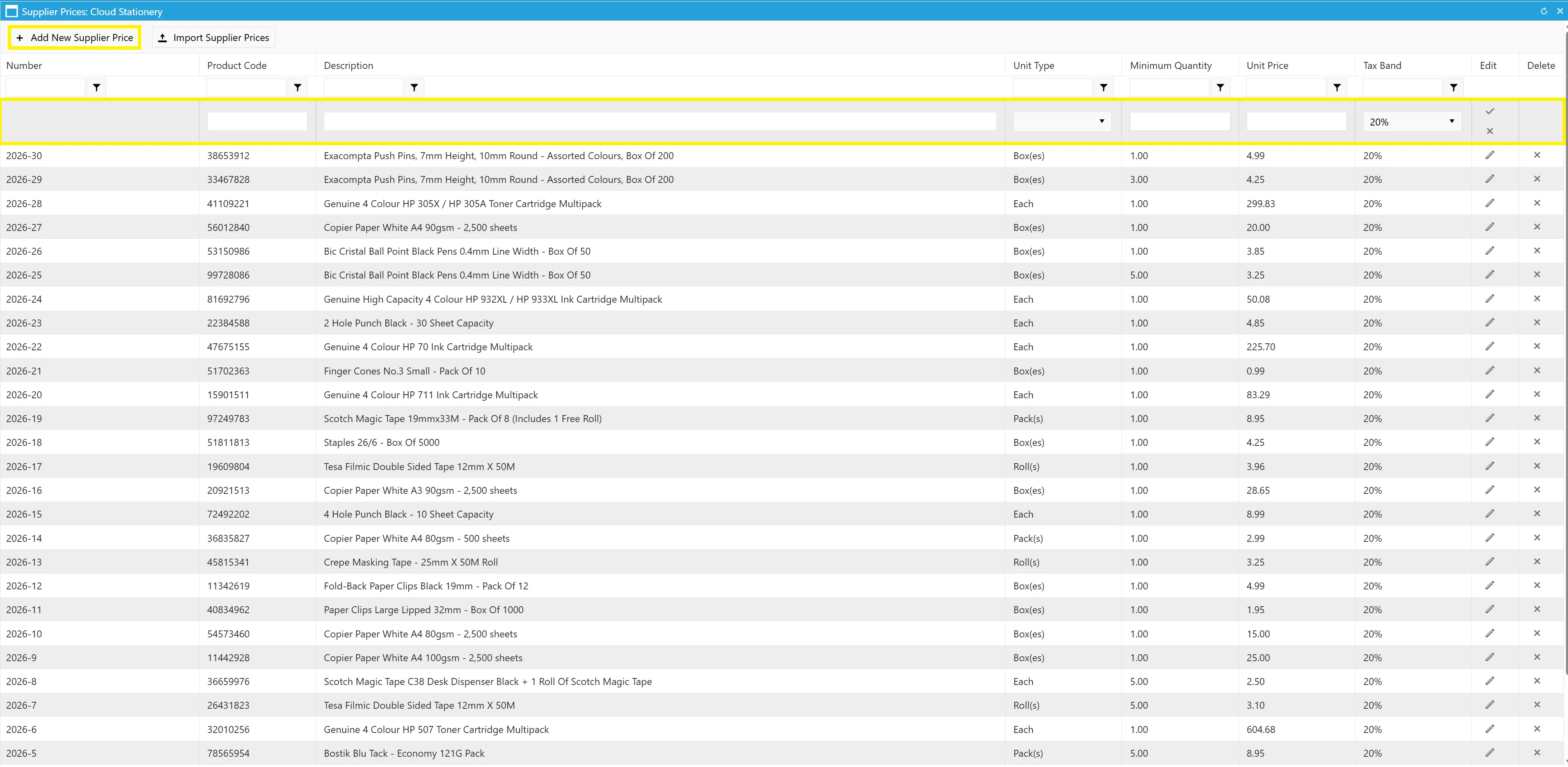 Users can manually add supplier prices to allow for full control over items.