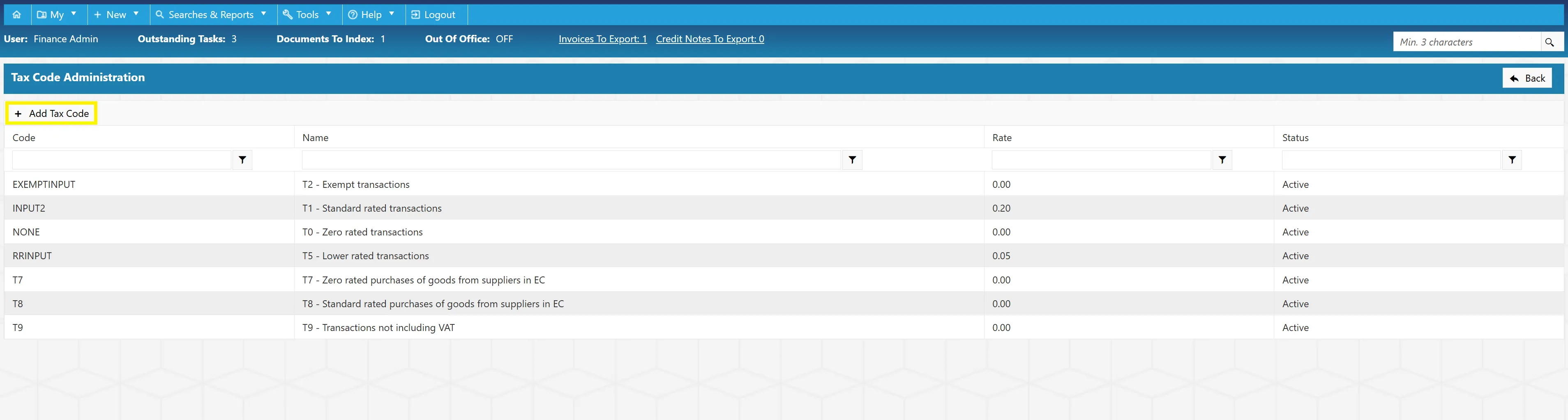 Users can add new tax codes as required for use within the system.