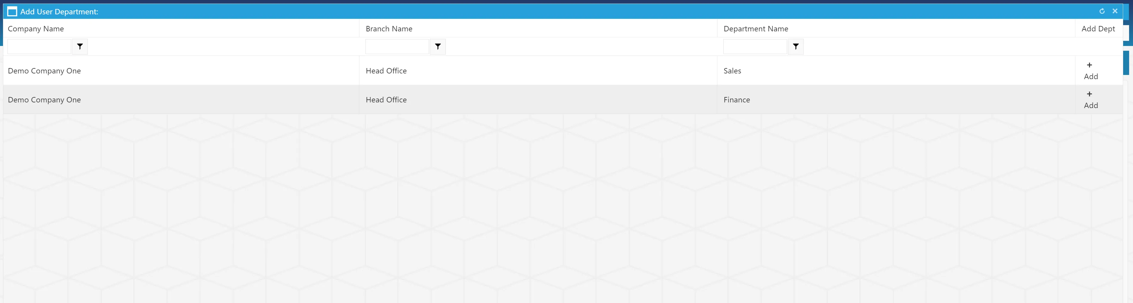 Add User Department Clicking on Add Department displays a grid containing all available departments to which the user can be assigned.