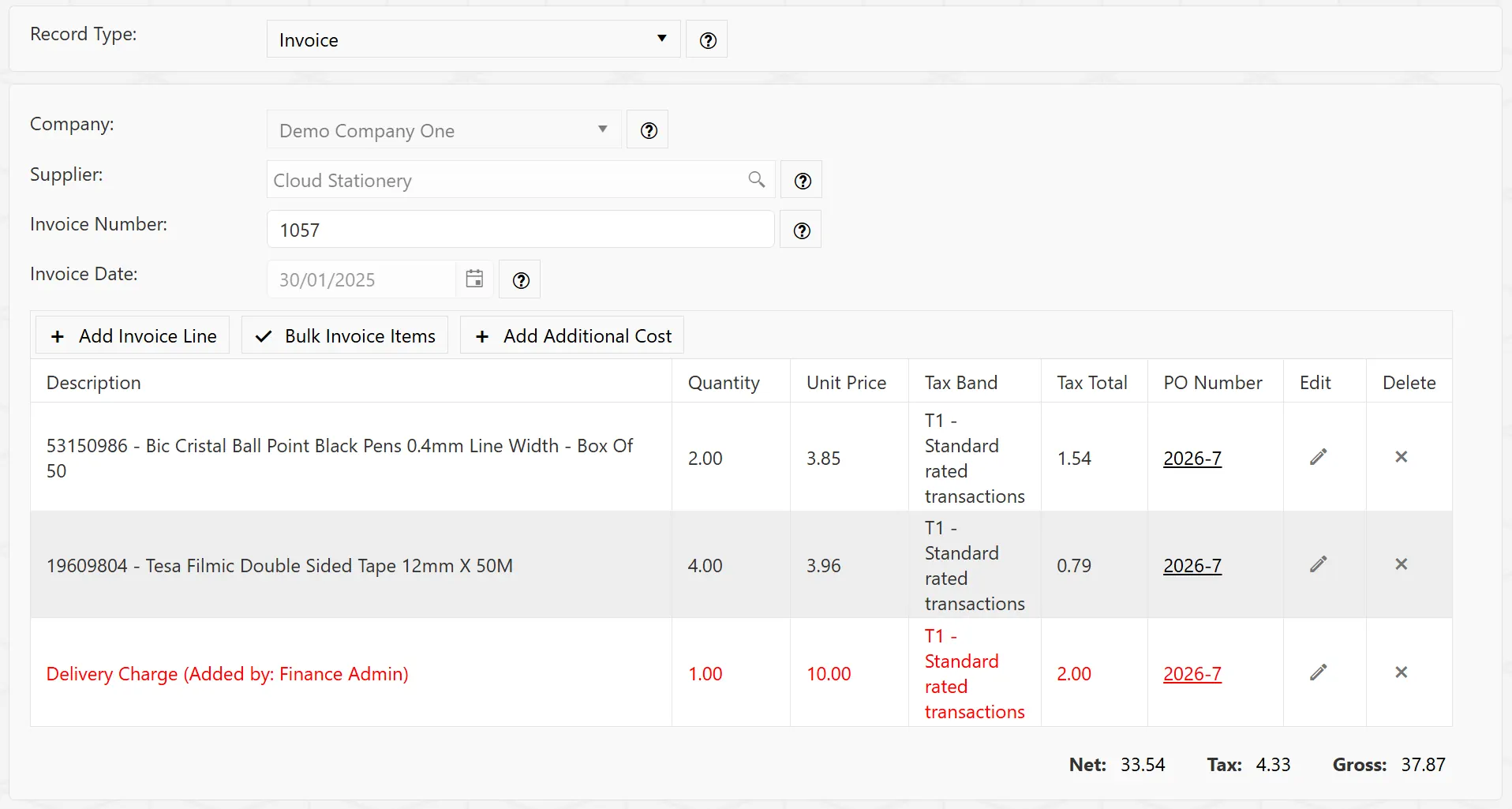 Any additional costs will be displayed on the invoice lines grid for review.