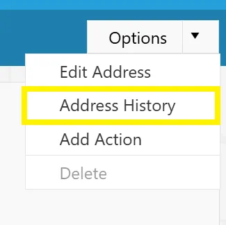 Select the Address History button from the Options drop down menu.