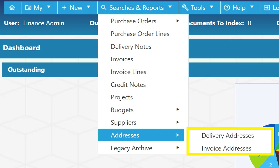 Users have the ability to search for invoice and delivery addresses within the PO software.