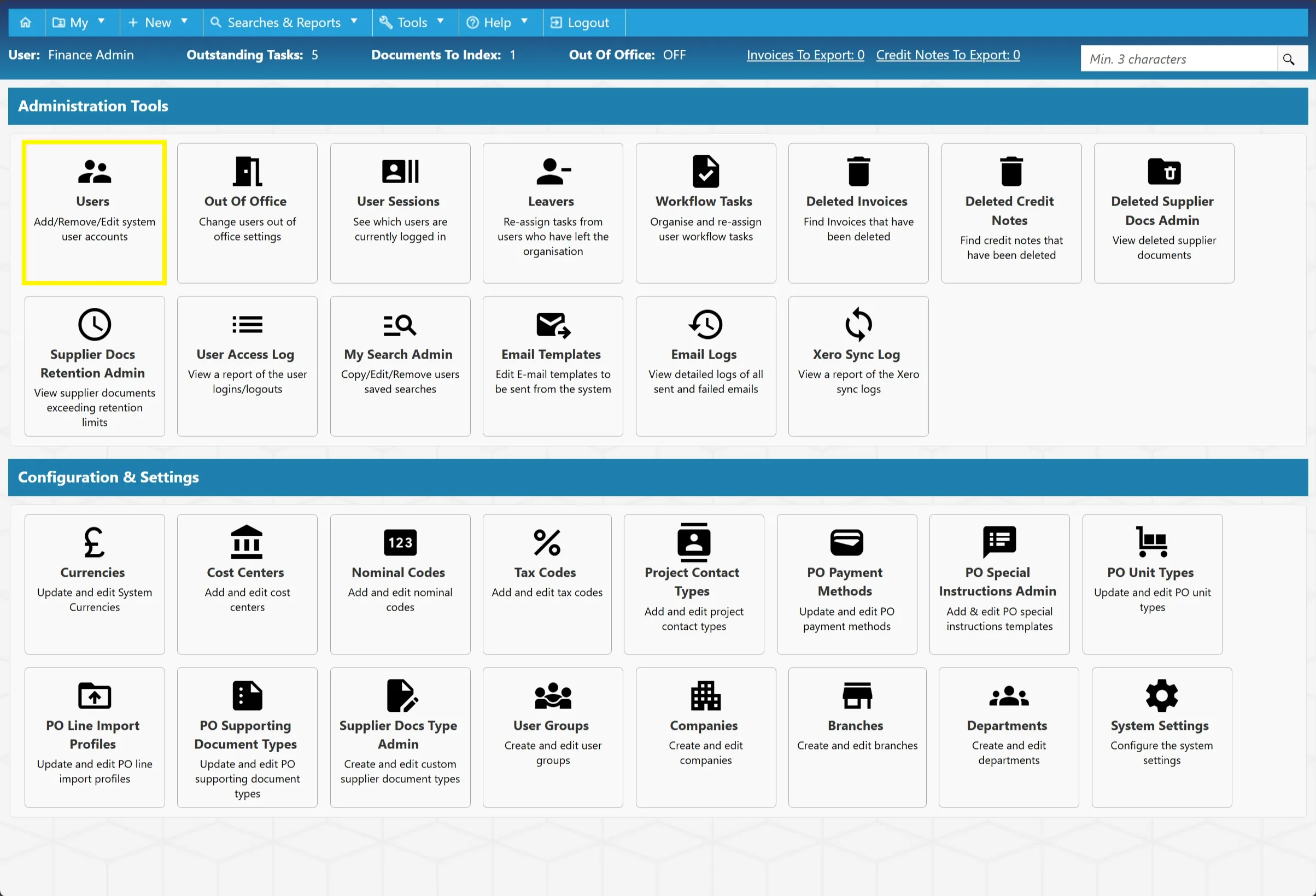 Administration Tools Section - Users Select the Users option on the Administration Tools section to access User Administration.