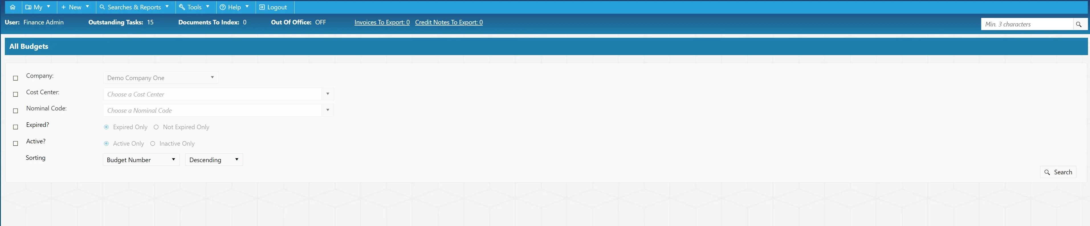 The budgets search has several filters available, allowing for more precise search results.