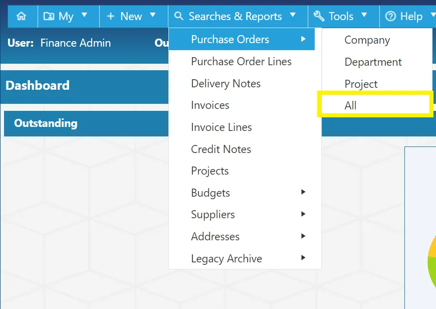 Carry out searches for purchase orders within the PO software regardless of level.