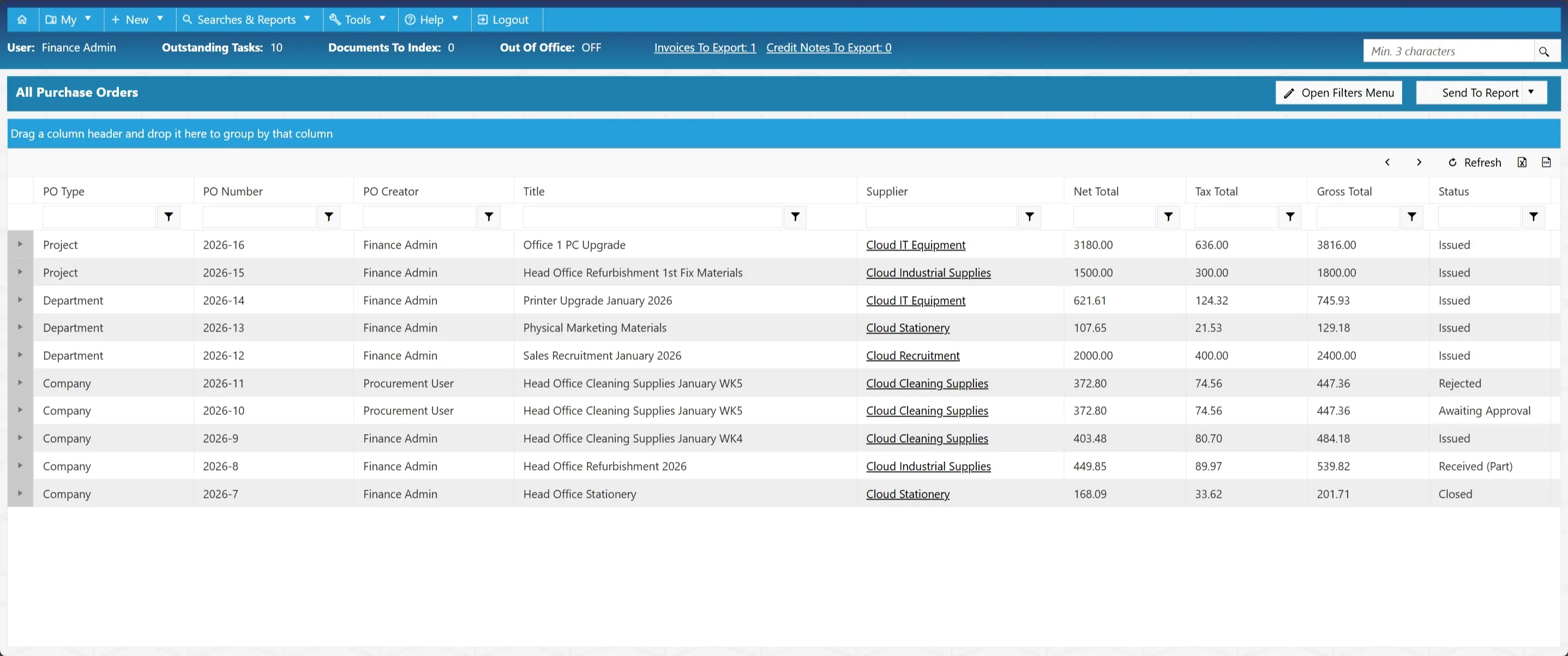 Purchase order search results are displayed in a grid with various columns.