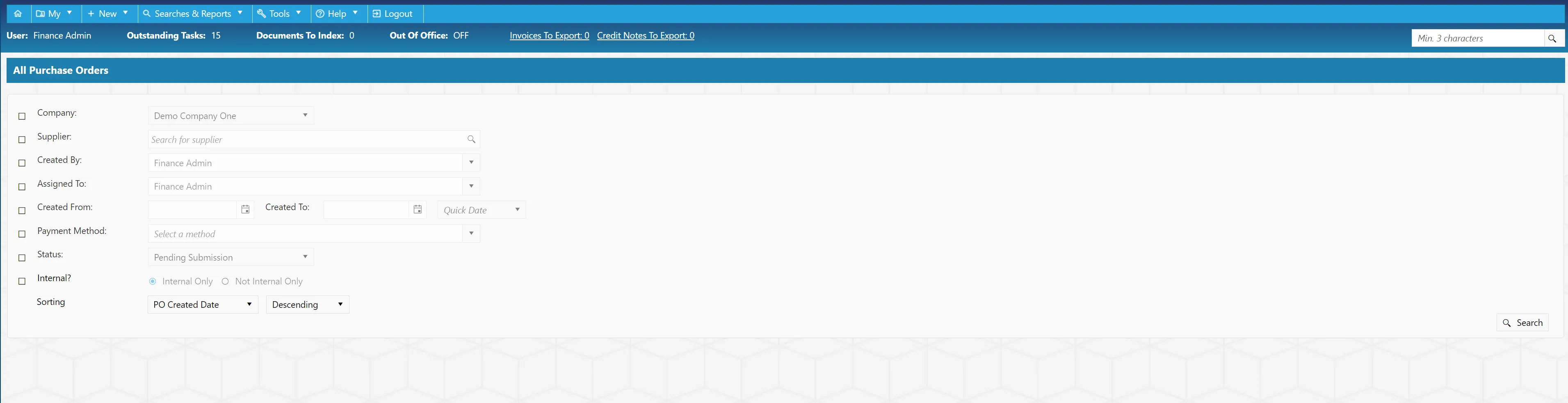 There are a number of filters available for the purchase order search.